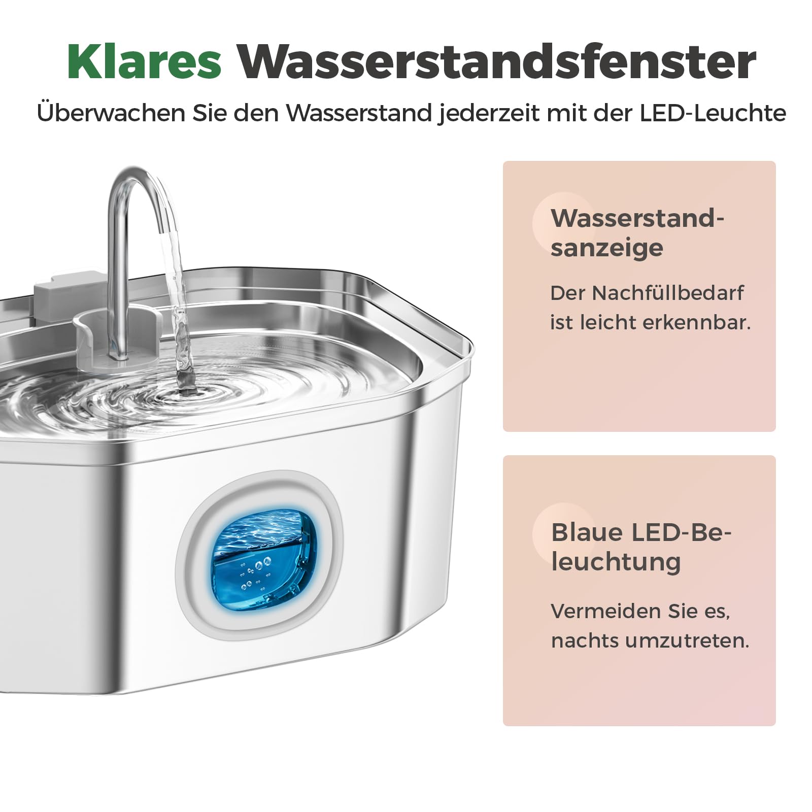 Apauk Katzenbrunnen, Trinkbrunnen für Katze, Trinkbrunnen Edelstahl, Ultraleiser Trinkbrunnen für Katze und kleine Hunde,mit LED-Fenster, S -3.2L Große Kapazität (A-2 Filter & 2 Schwämme)