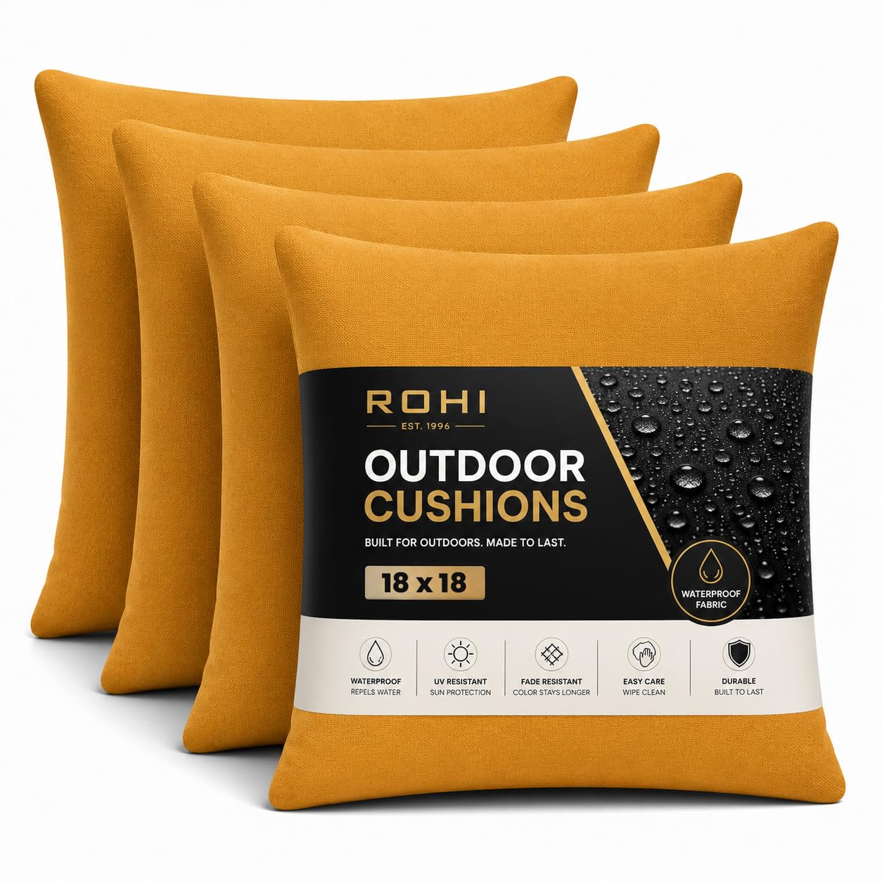 Rohi Waterproof Outdoor Cushions 4 Pack Filled – Decorative Waterproof Cushions for Garden, Patio, Couch, Tent, Balcony and Sofa (Yellow, 18" x 18")
