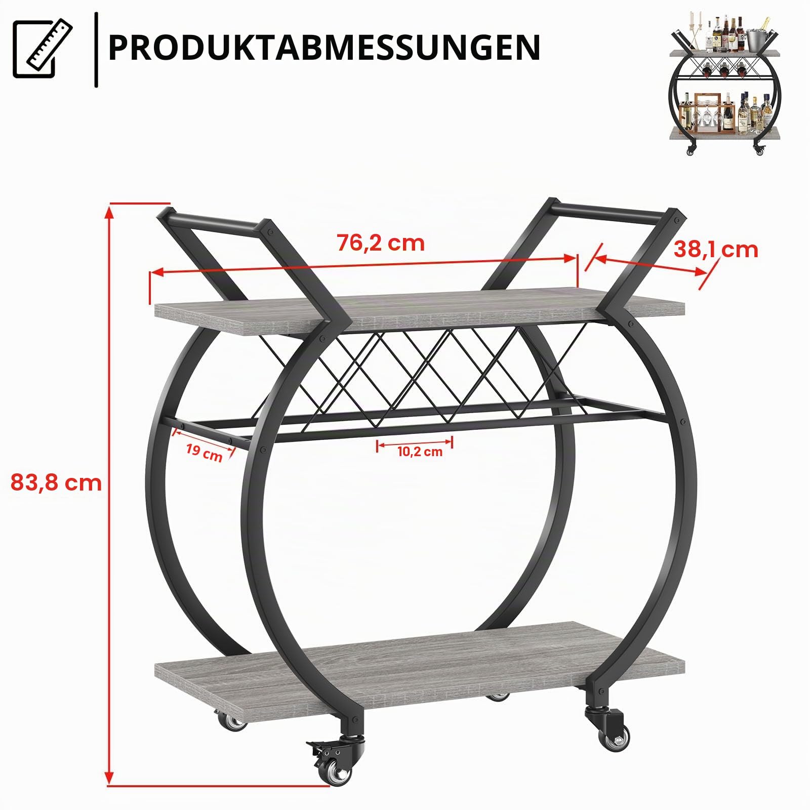 LVB Industrie-Küchen-Barwagen, Bauernhaus-Getränkeservice Likörwagen mit Rädern, Holz und Metall, rollender Weinwagen mit Ablagefach, Mikrowellen-Getränkewagen für Zuhause (Grau)