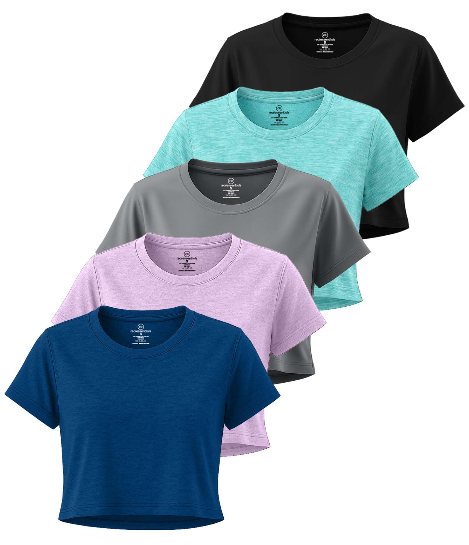 Paquete de 5: Camiseta Corta para Mujer, Ajuste seco, Camiseta atlética elástica de Manga Corta, Cuello Redondo (Disponible en Tallas Grandes)