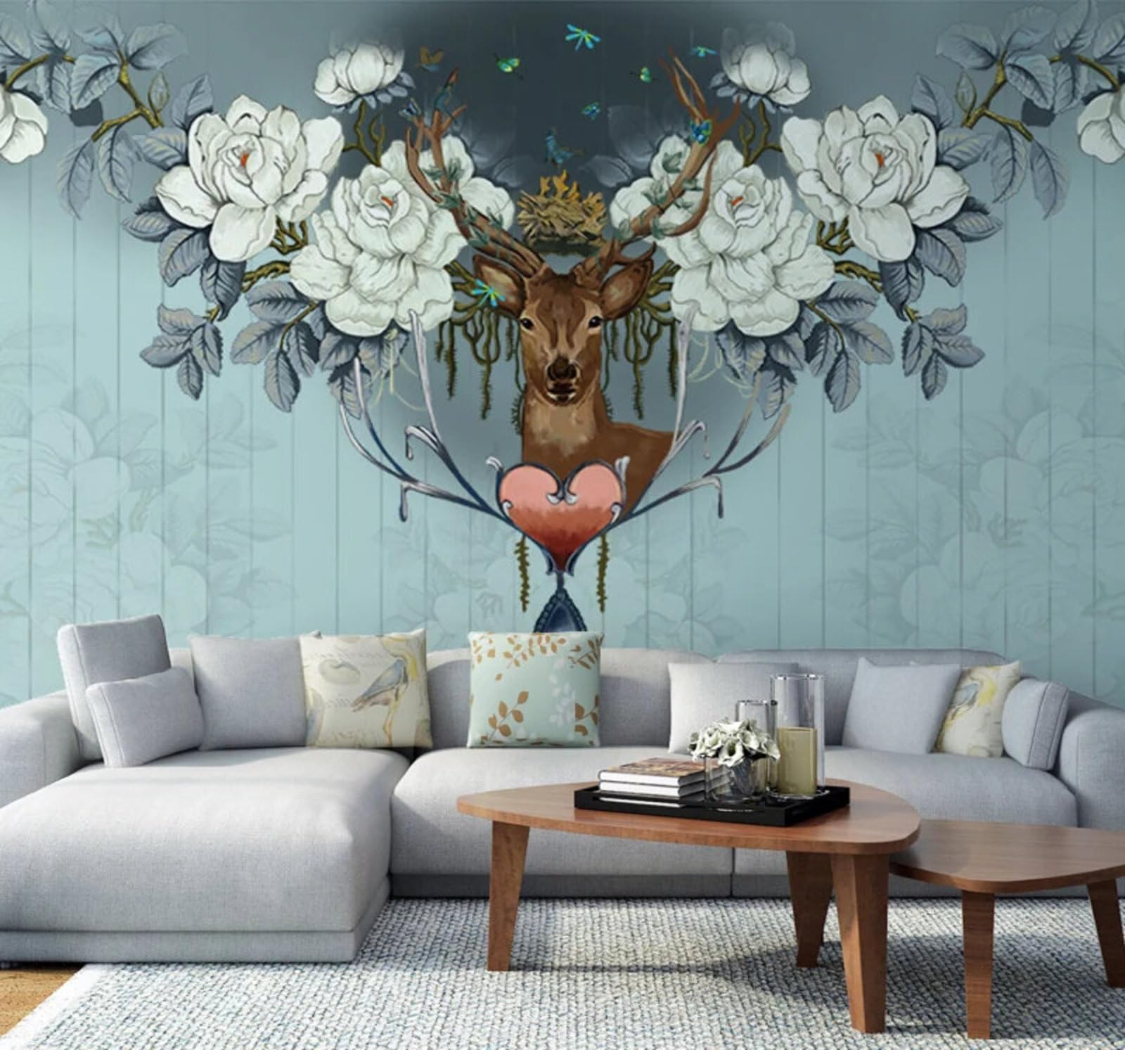Tzxztt Retro Fresh Beautiful Reindeer Flowers Modern 3D Wallpaper Premium Textured Silk Neutral Tones Material Ideal for Living Room Bedroom-430cm×300cm