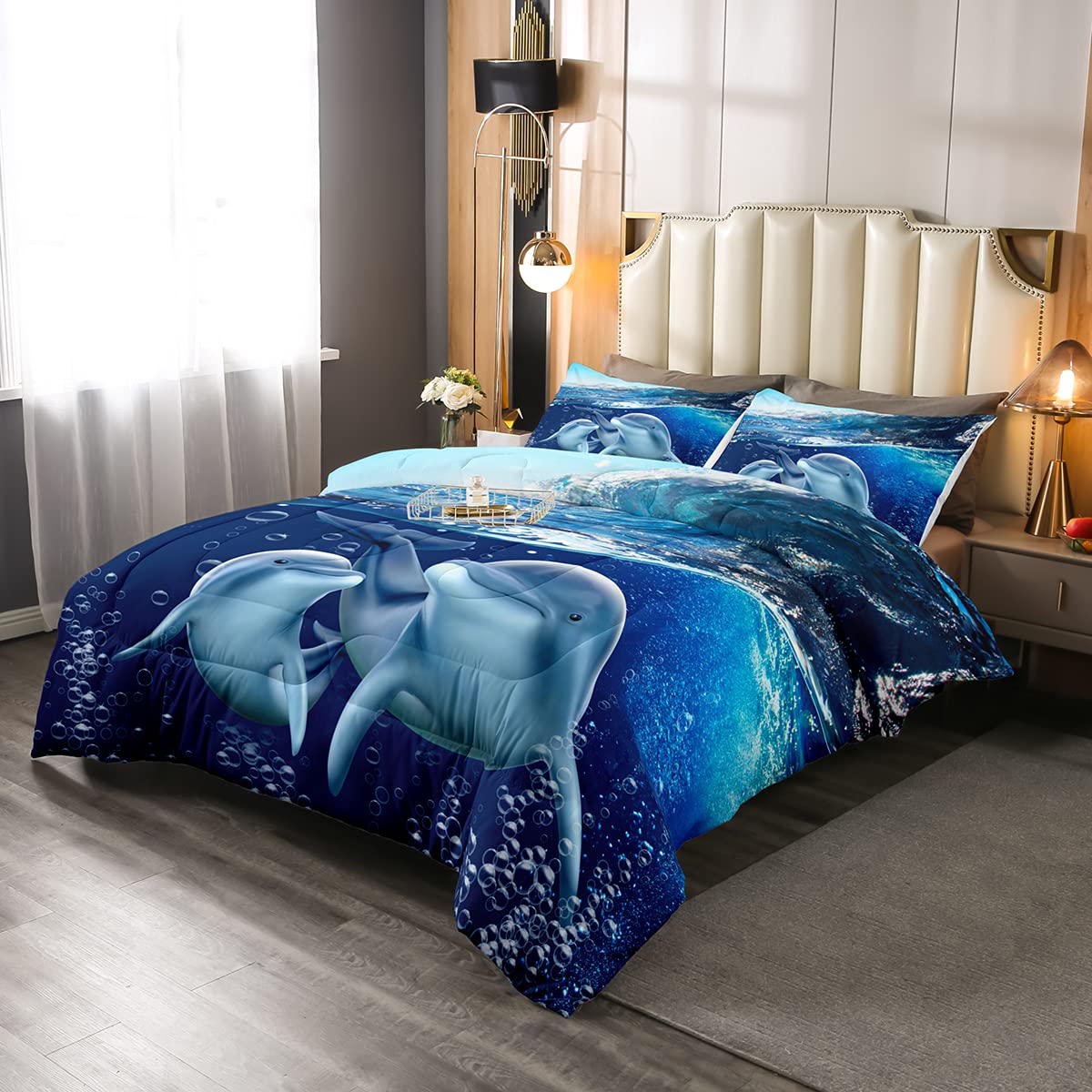 Castle Fairy Kids Lovely Dolphin Full Size Comforter Set Happy Dolphins Mom and Son Ocean Animal Theme Bedding Gift for Kids Girls Room Blue Sea Wave Quilted Duvet with 2 Pillowcase,3 Pcs