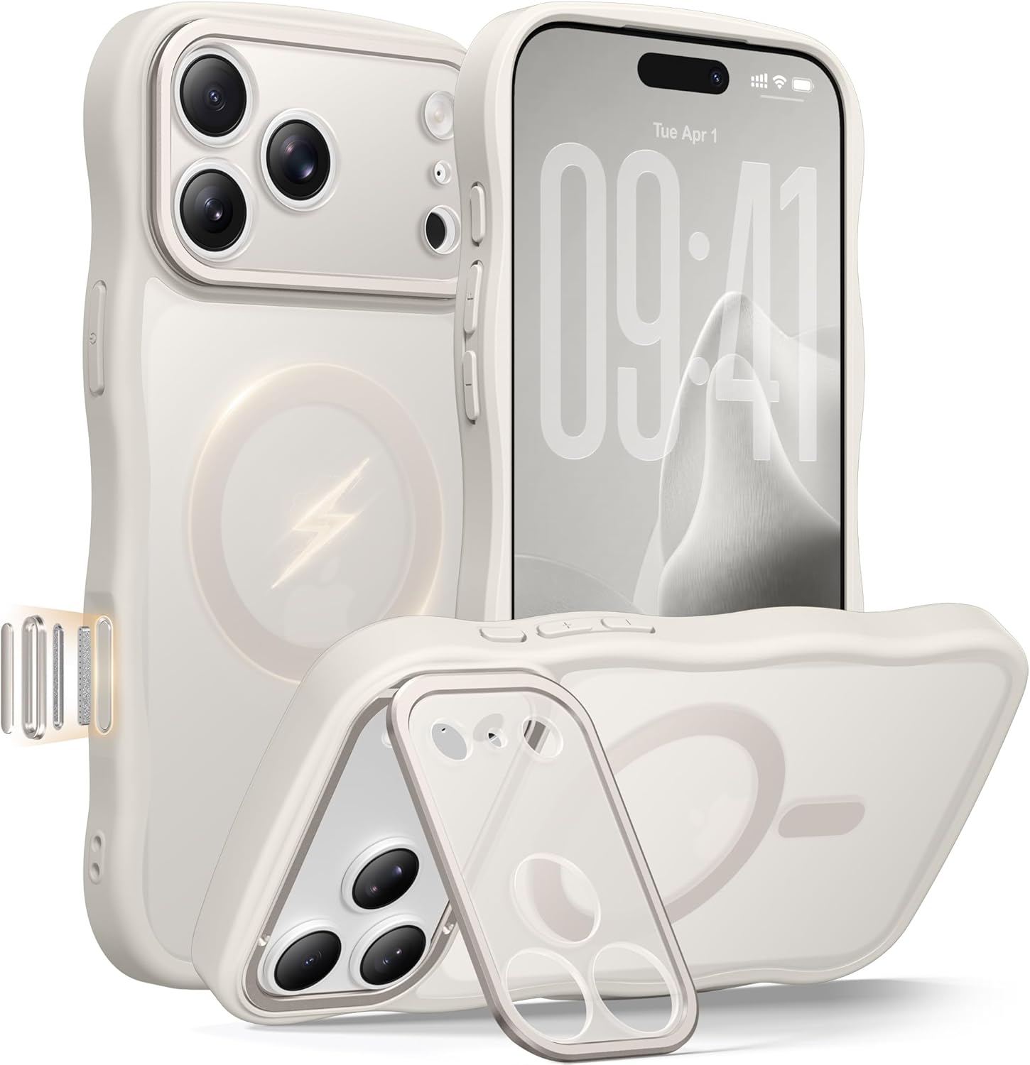 GolbinBox for iPhone 17 Pro Max Case with Stash Stand, Compatible with MagSafe, [Full Camera Protection] [Military Drop Protection] Scratch-Resistant Cover, Wave Translucent Phone Cover, 6.9", Stone