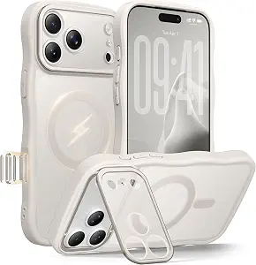  for iPhone 17 Pro Max Case with Stash Stand, Compatible with MagSafe, Military Drop Protection, Magnetic Scratch-Resistant Back Cover, Cute Wave Translucent Matte Phone Cover, 6.9", Stone
