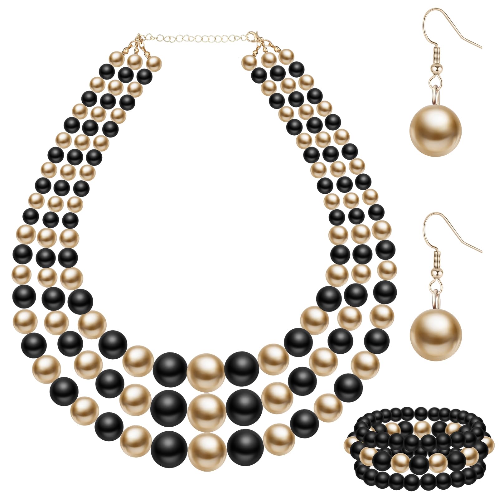 Otuuz 3 Pcs Women's Simulated Faux Three Multi Strand Pearl Statement Necklace Earring and Bracelet Costume Jewelry Set