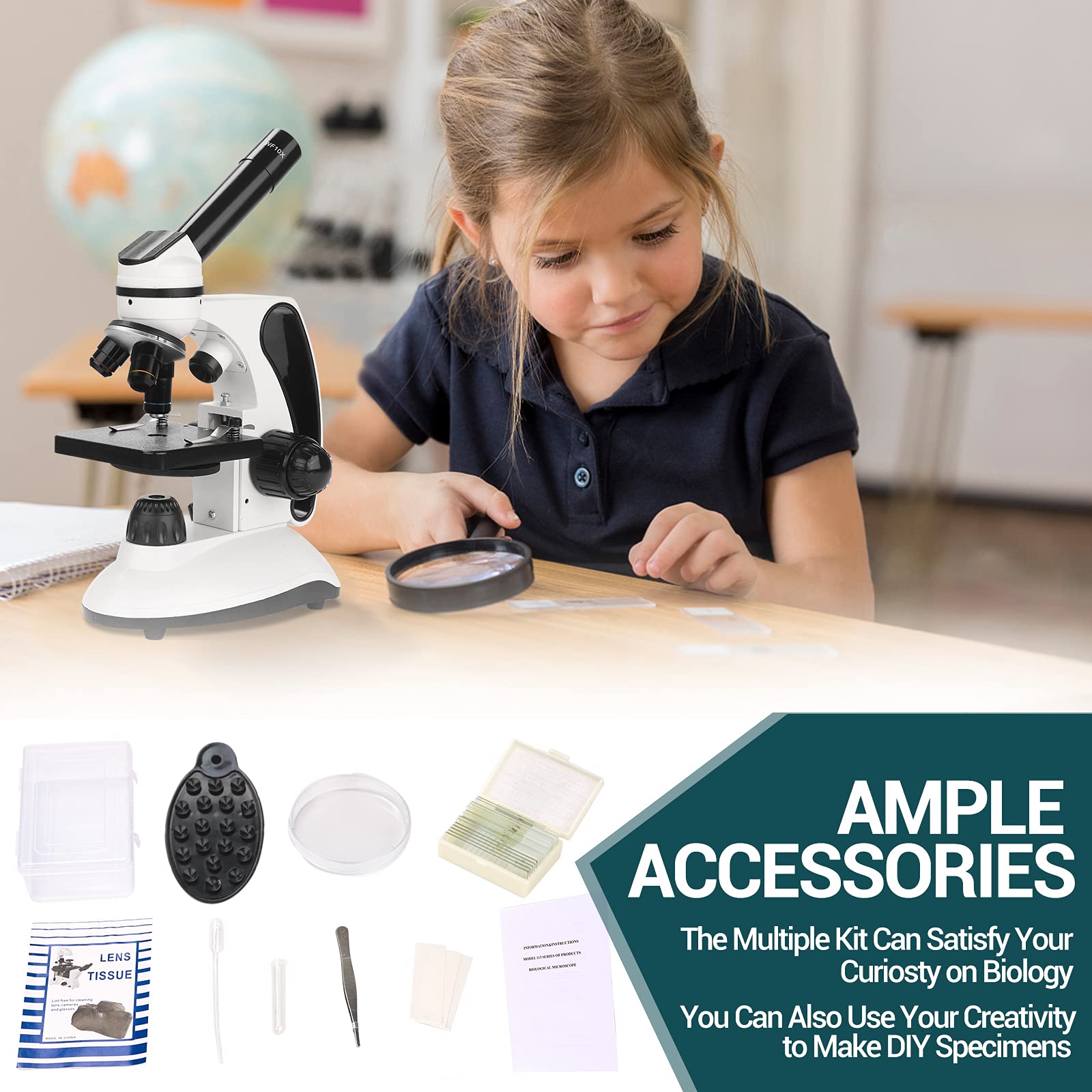 Verbessertes Mikroskop für Kinder und Erwachsene, 2000-Fache Vergrößerung mit Besserer Optik, Vorbereitetes Objektträger-Kit, Metallgehäuse, Zwei LEDs, Telefonhalter und Tragetasche