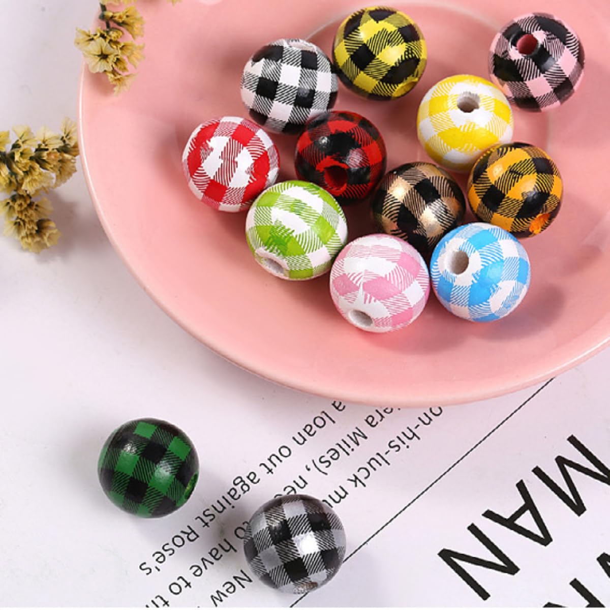 200 perline rotonde da infilare, 16 mm, perle di legno naturale, rotonde con foro rotondo, per artigianato, bracciali, collane, vestiti, acchiappasogni, bianco e nero
