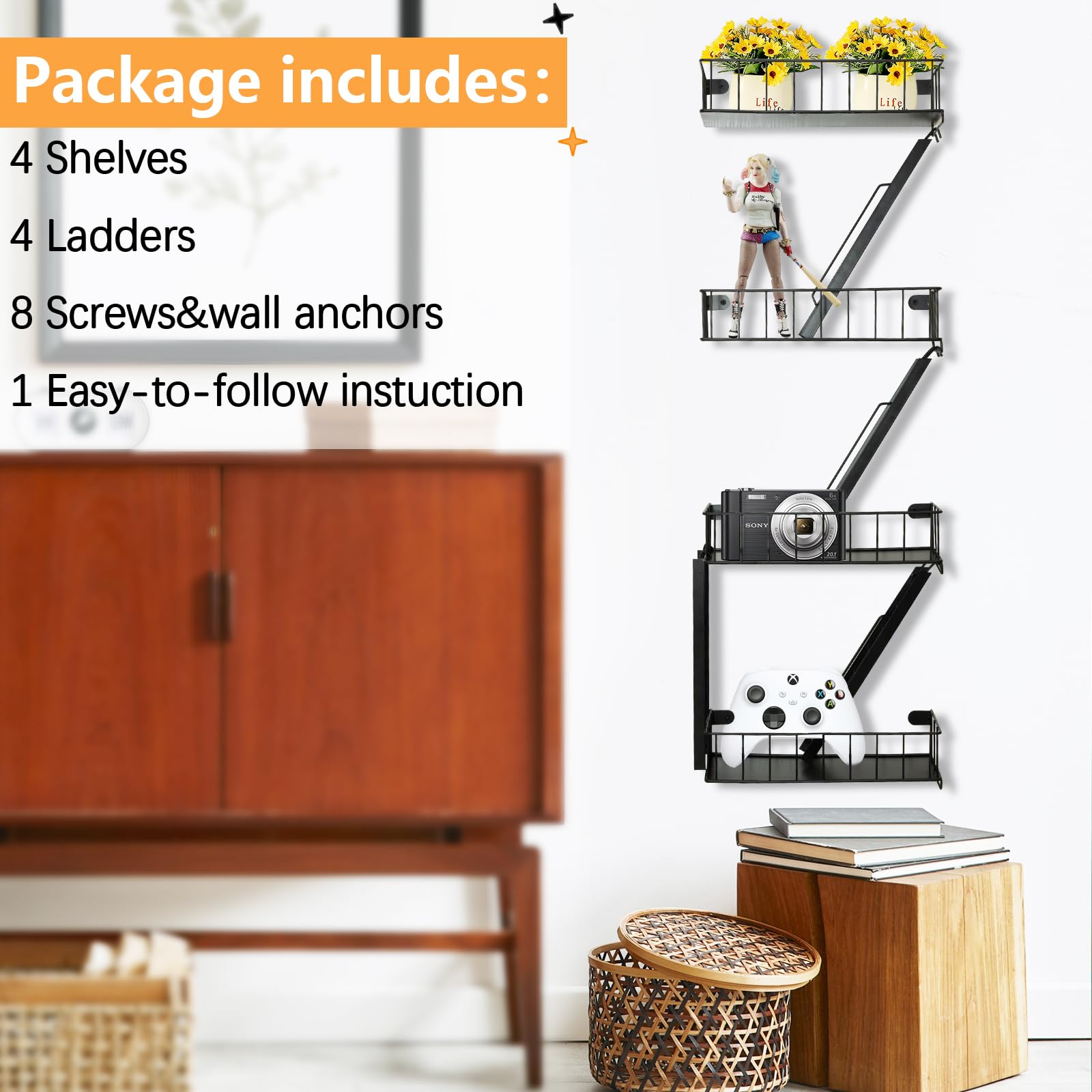 INPARALLUV Fire Escape Shelf Fire Escape Wall Shelf Wall Mounted Floating Shelf Black Metal Shelf 4 Tier