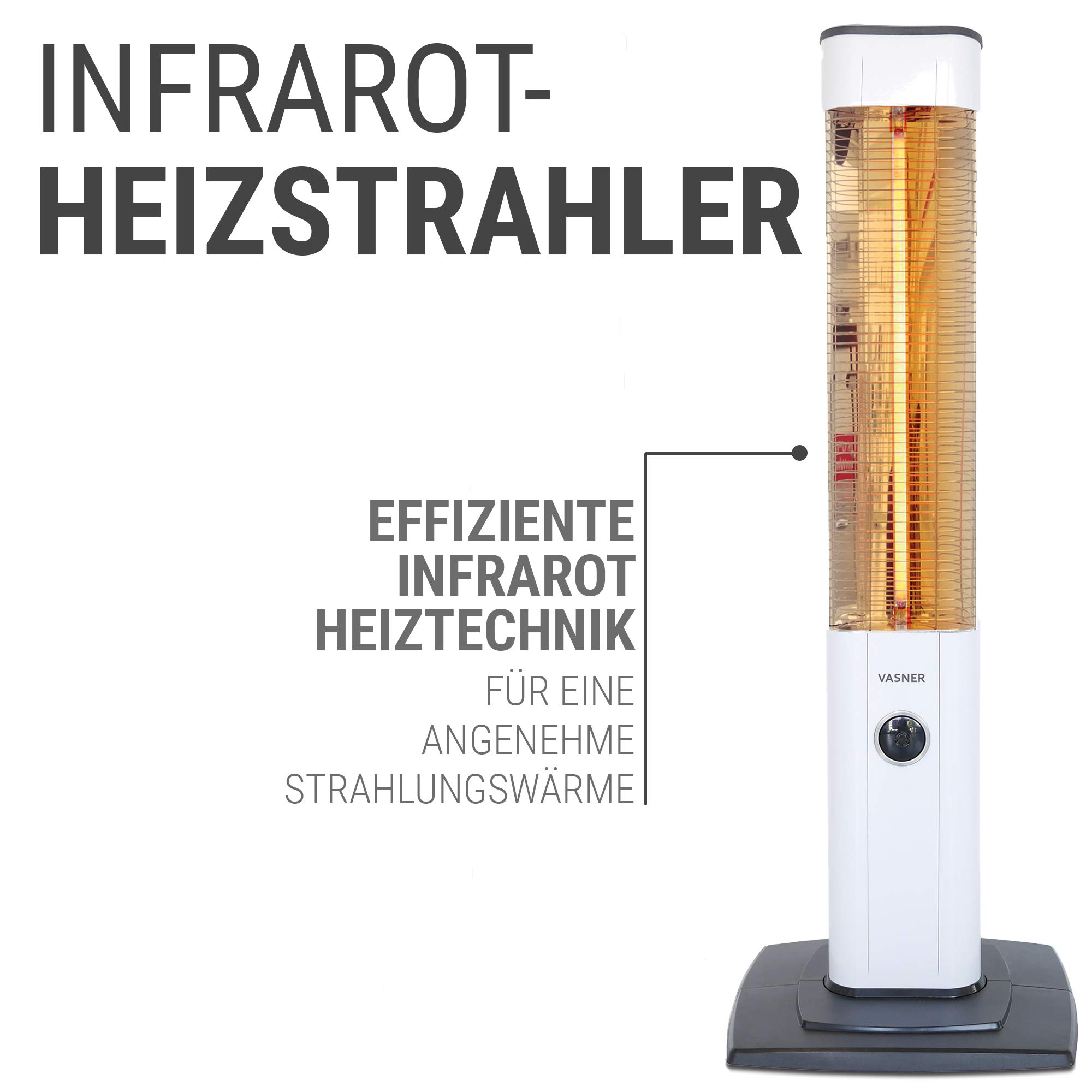 VASNER StandLine 23R – Infrarot Stand-Heizstrahler 2300 Watt 4 Stufen Dimmer Fernbedienung Infrarotstrahler elektrisch Standgerät für wettergeschützte Außenbereiche (Weiß)