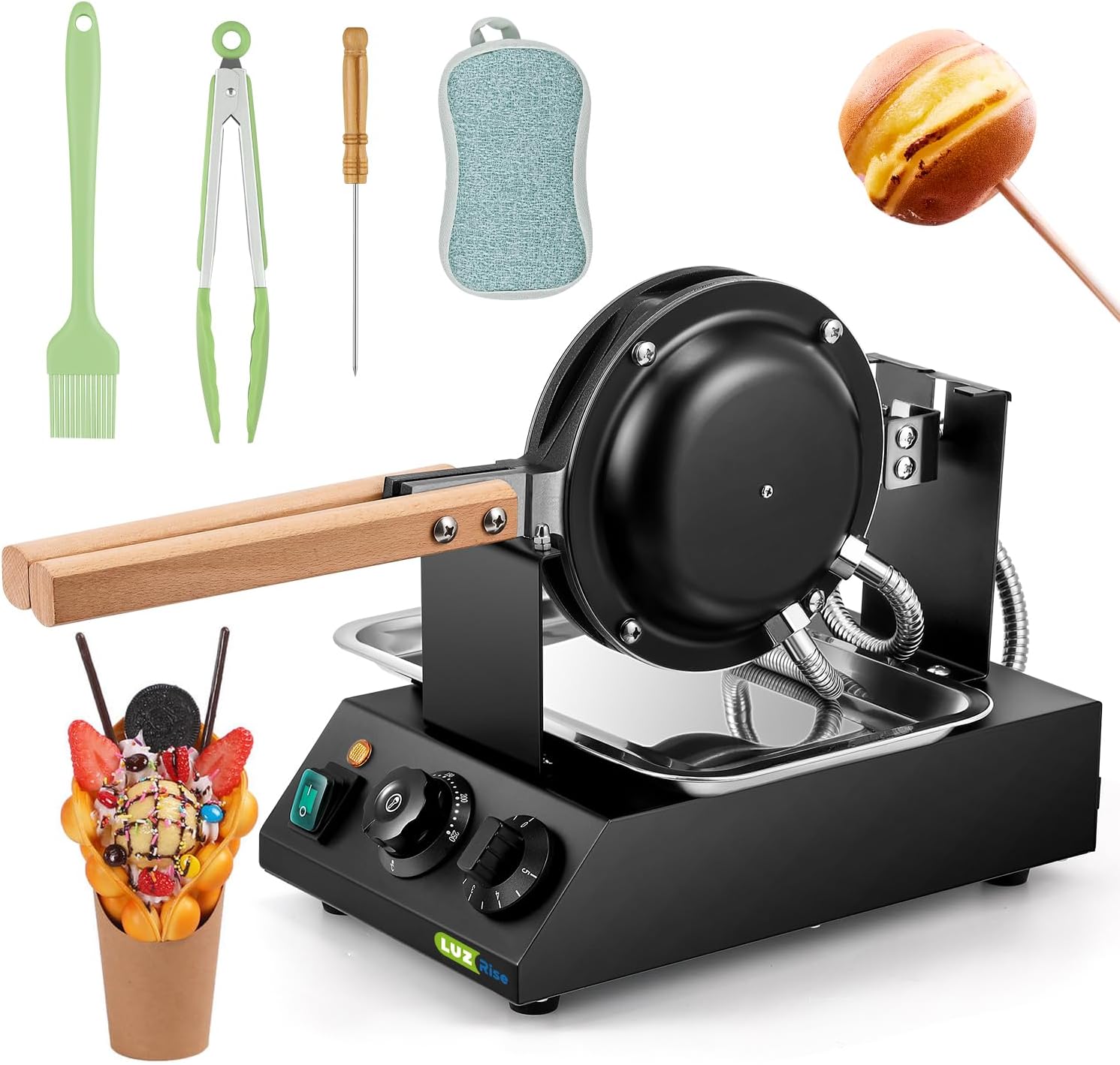 1400W Bubble Waffle Maker Non-stick Electric Waffle Iron Machine 360° Rotate 482℉/250℃ 3Min Fast Heating with 4 Accessories（Brush/Clip/Picker/Dishcloth）