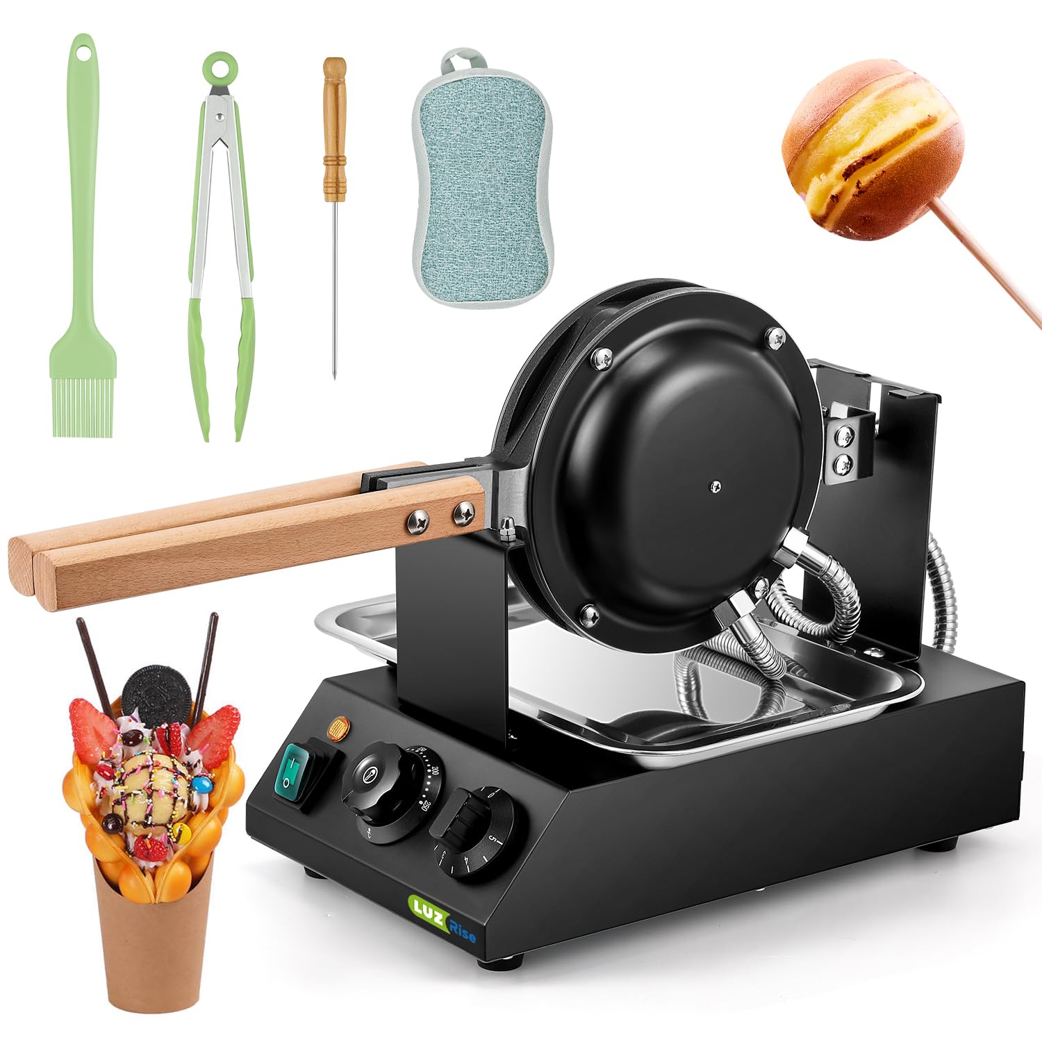 Luzrise 1400W Bubble Waffle Maker Non-stick Electric Waffle Iron Machine 360° Rotate 482?/250? 3Min Fast Heating with 4 Accessories?Brush/Clip/Picker/Dishcloth?