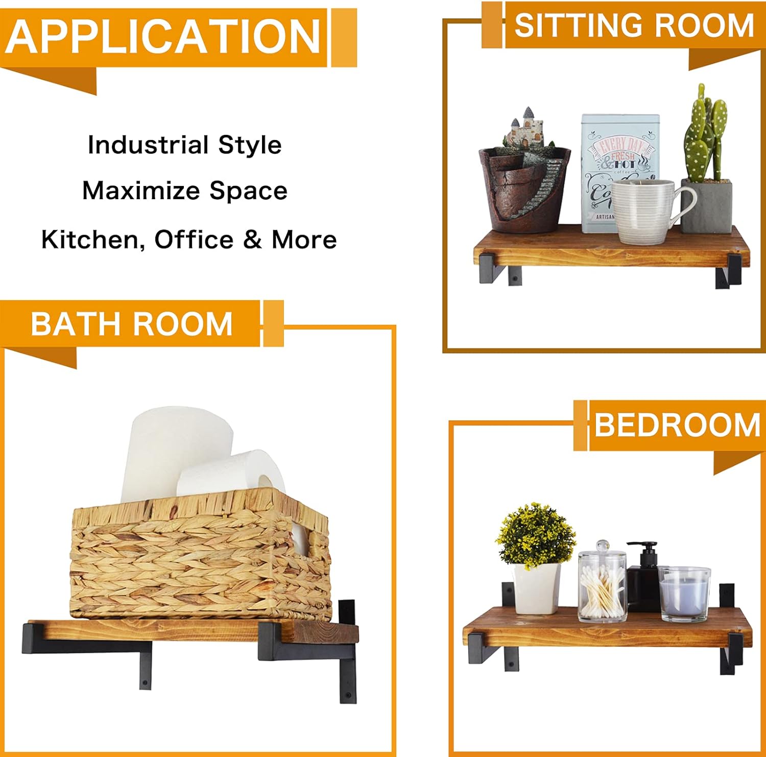 EZYDECOR 8 Packs Heavy Duty Shelf Brackets Wall Mounted Industrial Metal Shelving Support with Lip for DIY Open Shelving (Black) 12"