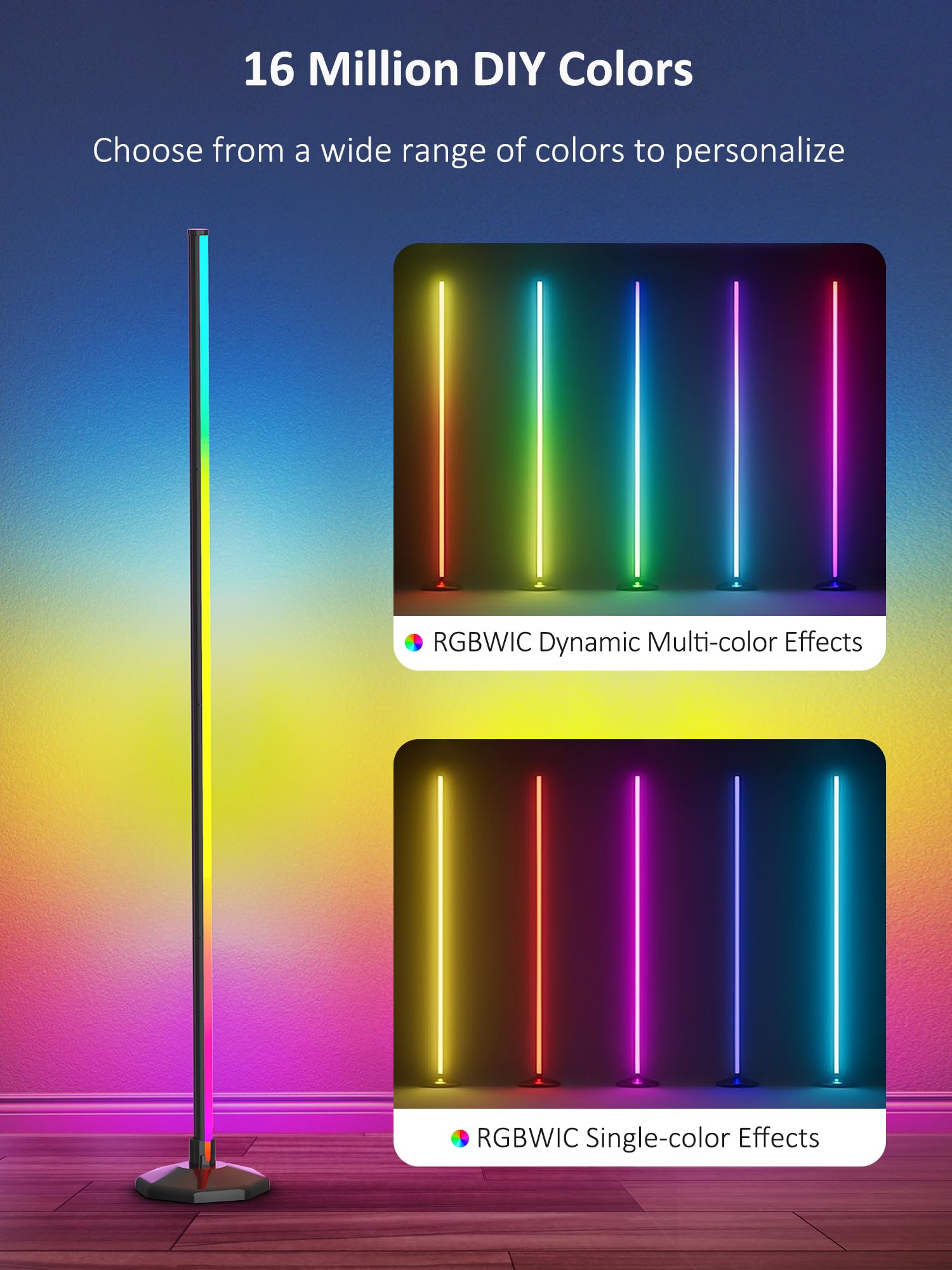 Lámpara de pie de esquina RGB:  16 millones de colores DIY y más de 68 luces LED de escena inteligente y moderna con temporizador, sincronización de música, aplicación y control remoto lámpara de 2