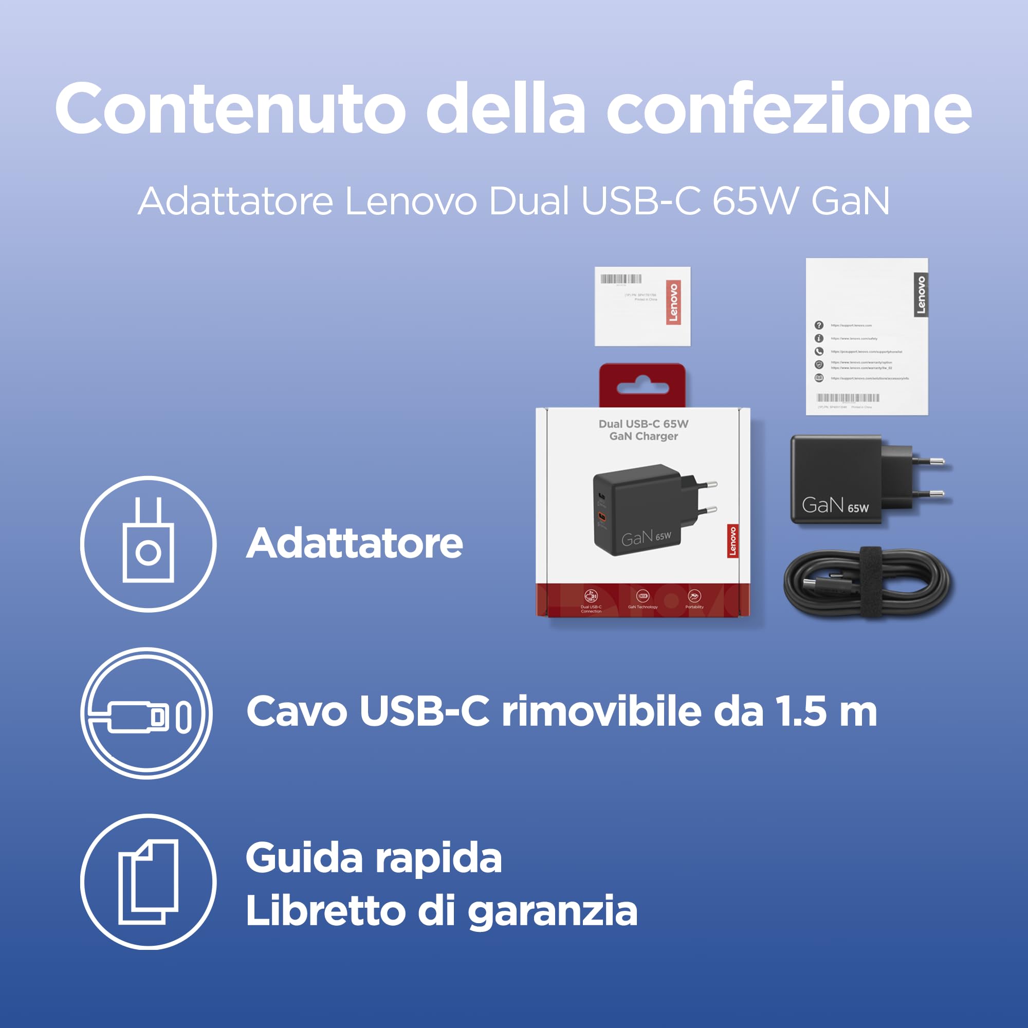 Lenovo Dual USB-C 65W GaN Charger, alimentatore compatto da muro con doppia Type-C, cavo USB-C 1,5 m incluso - ideale per laptop, cellulare e tablet: un solo caricabatterie per più dispositivi