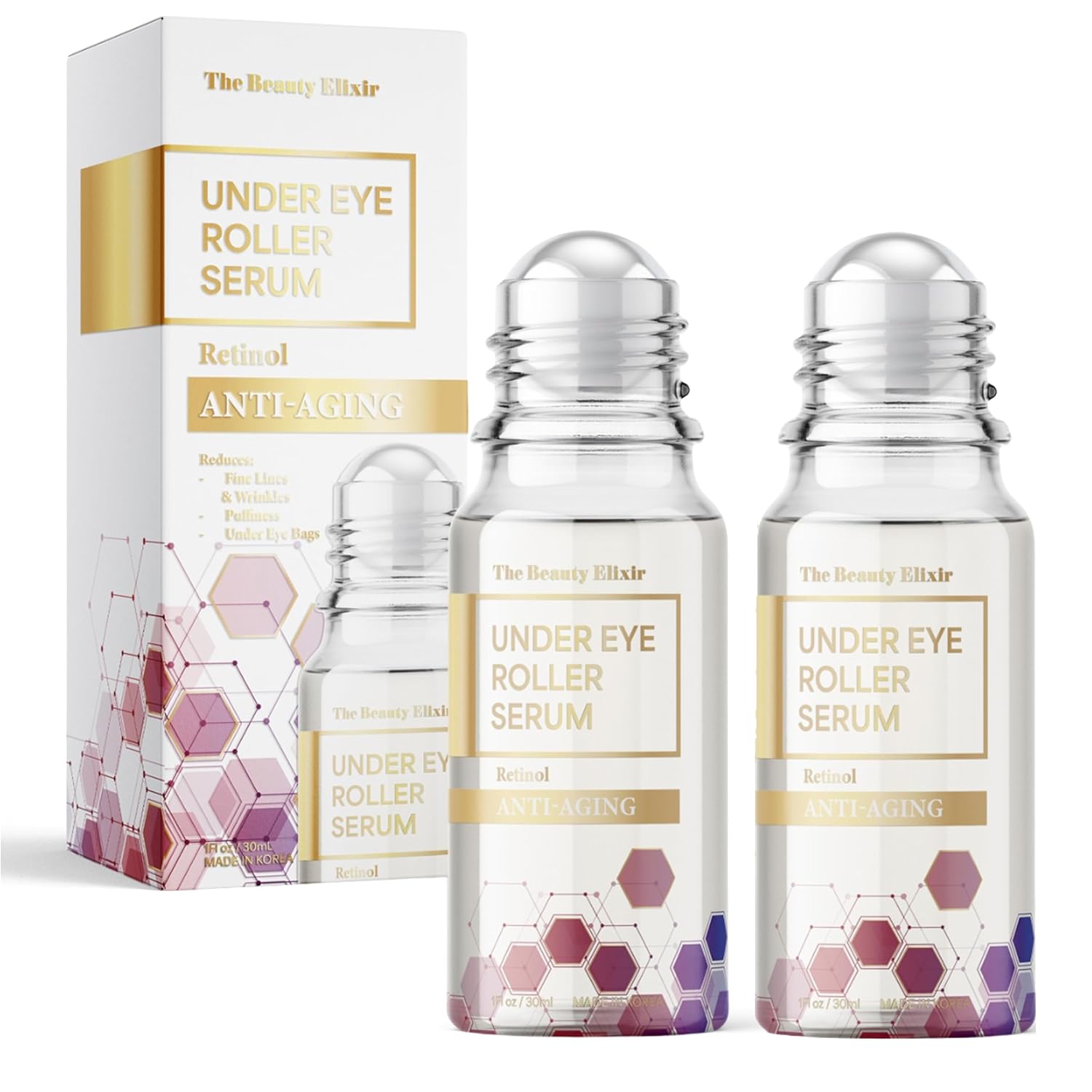 The Beauty Elixir Retinol Eye Roller For Puffy Eyes & Dark Circles - Brightens Under Eyes - Crow's Feet Treatment - Dermatologist Tested, Natural Clean Beauty - Korean Skin Care - For All Skin Types