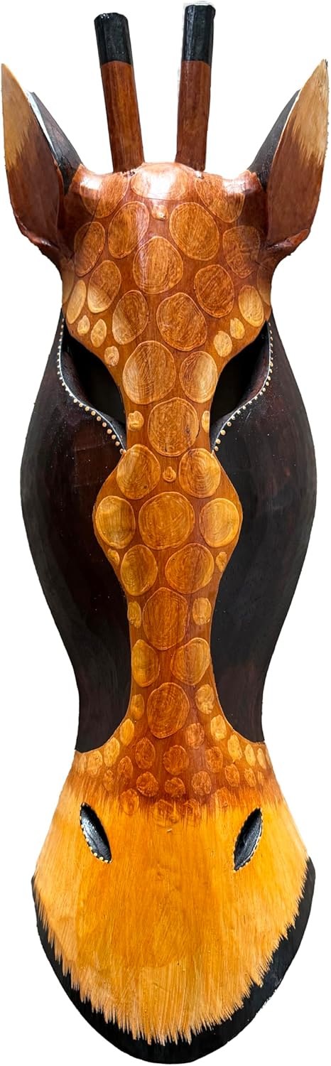 OMA Handcrafted African Giraffe Zebra Wall Mask – 20" Tribal Art Decor in Solid Wood with Batik Fabric & Gold Accents – Unique Wall Hanging for Living Room, Hallway, or Office