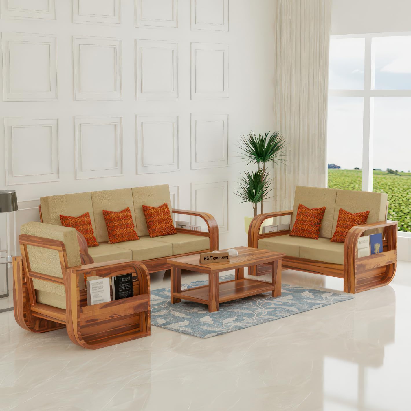 RSFURNITURE Solid Sheesham Wood Six Seater Sofa Set | Wooden 6 Seater 3+2+1 Sofa Couch with Side Magzine Newspaper Holder for Living Room | Sofa Set 6 Seater | Grey Cushion, Natural Finish (B0CY22VDM4) Amazon Price History, Amazon Price Tracker