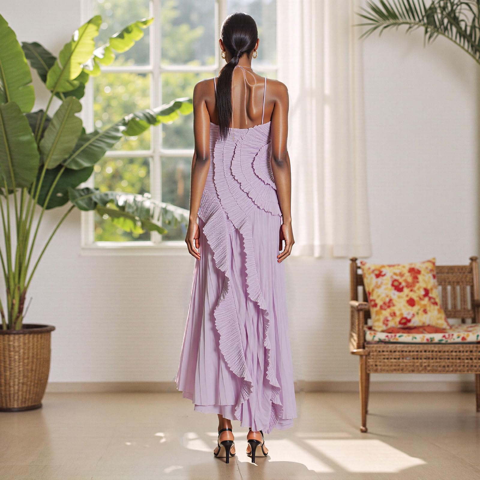 Vestido largo plisado con volantes para mujer, sin mangas, cuello halter, irregular, plisado, de gasa, para invitados de boda