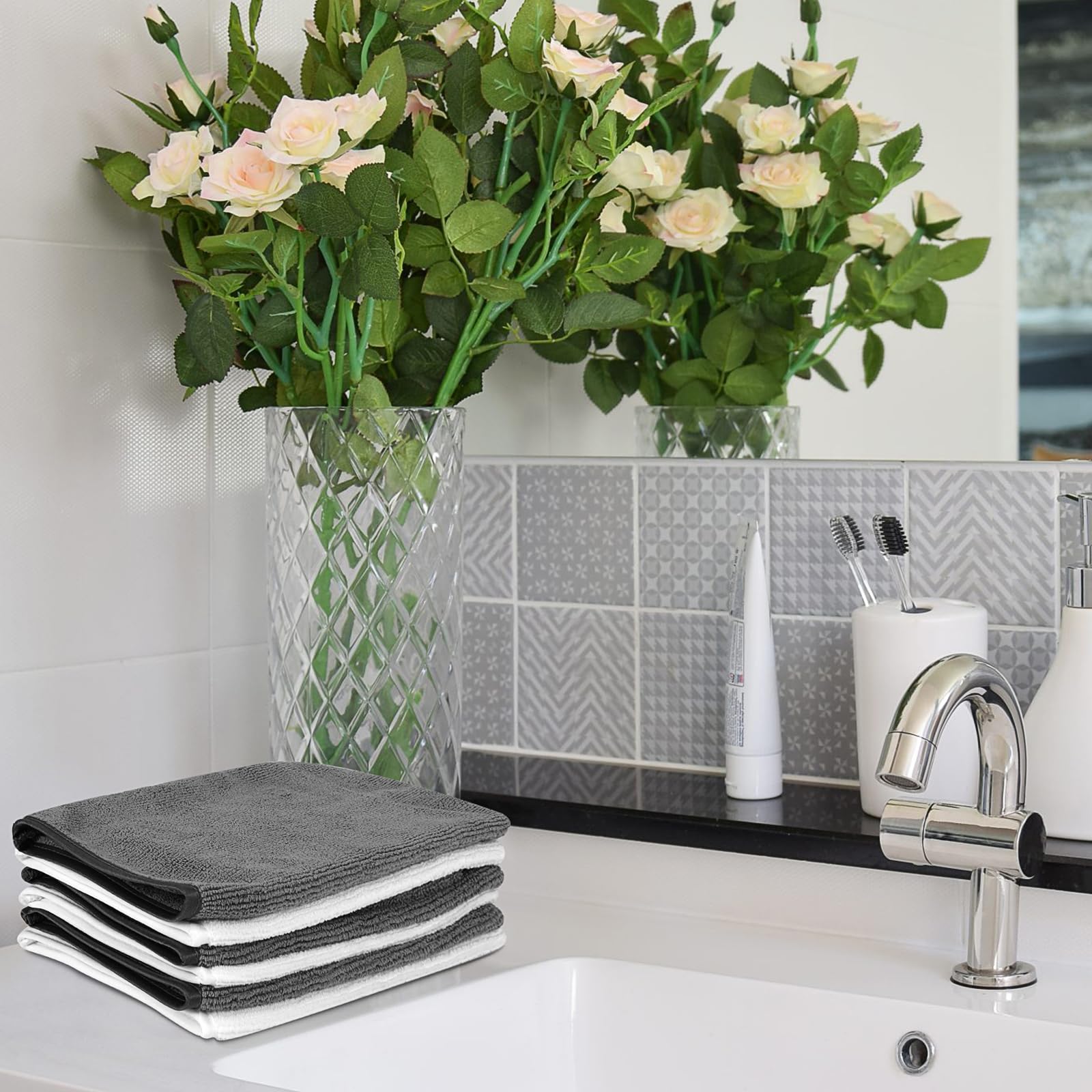 PHOGARY Asciugamani Bagno Viso e Bidet Guanti Spugna, Manopola da bagno per bimbo anziani, Panni Microfibra Asciugamani panno struccante viso,6 Pz,15×21cm,Bianco & Grigio