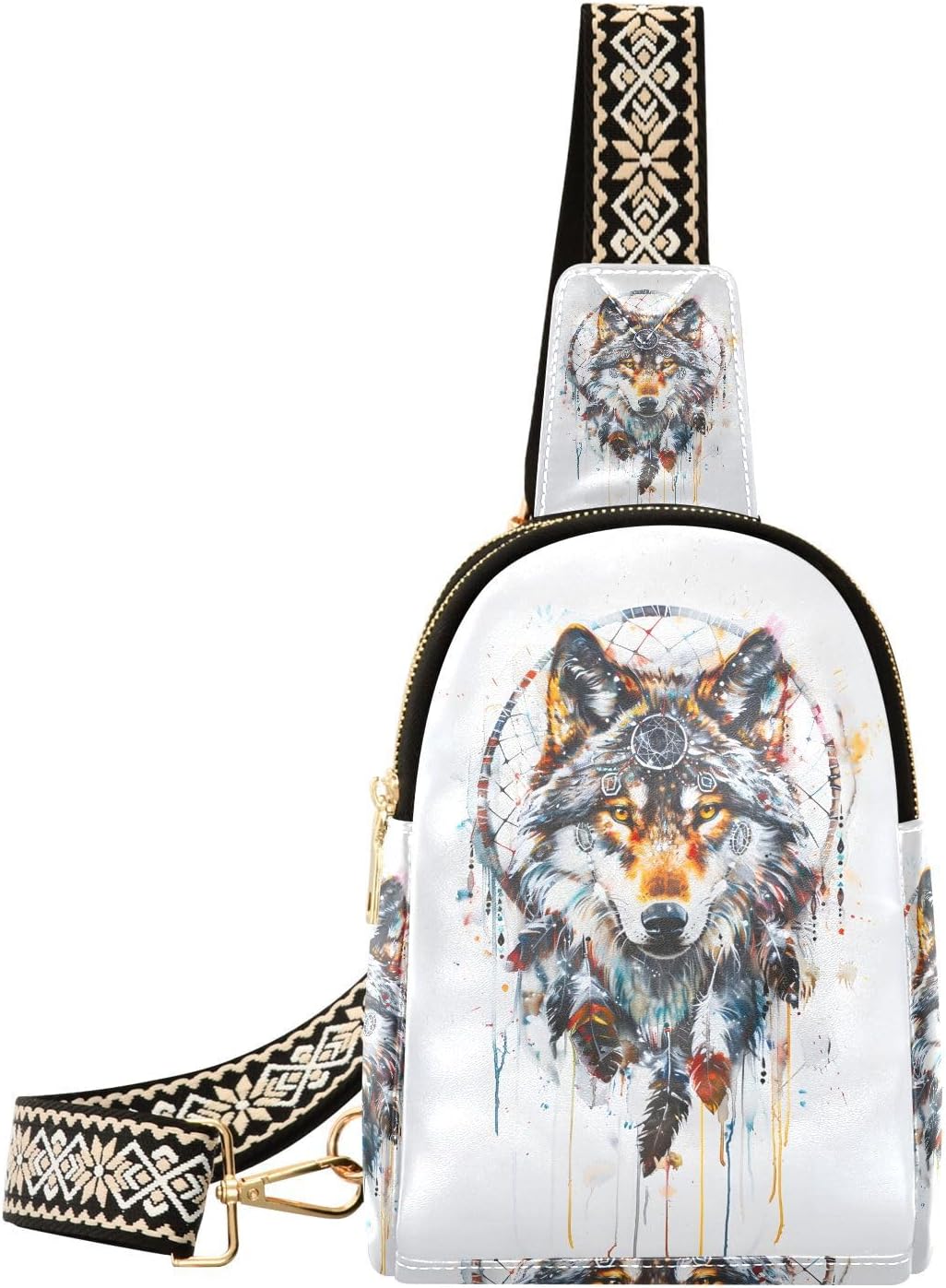 Dream Catcher Wolf Backpack Sling Bag for Women Crossbody Bags Small Cross Body Bags Leather Travel Chest Bag Purse Casual Daypack
