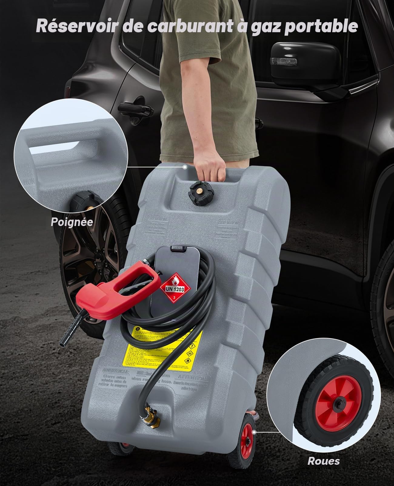 Bidon d'essence 57 litres avec Pompe de Transfert, réservoir Portable équipé de roulettes et Tuyau de 3 mètres, Conception Anti-fuide pour Voitures, tondeuses et Bateaux en Couleur Grise