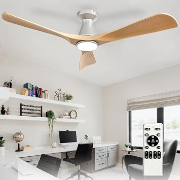 Depuley 52-Inch Ceiling Fans with Lights Wood 3 Blade Flush Mount Low Profile Ceiling Fan for Bedroom - Dimmable Indoor Outdoor Fan with Remote Control Ultra Quiet DC Motor Timer