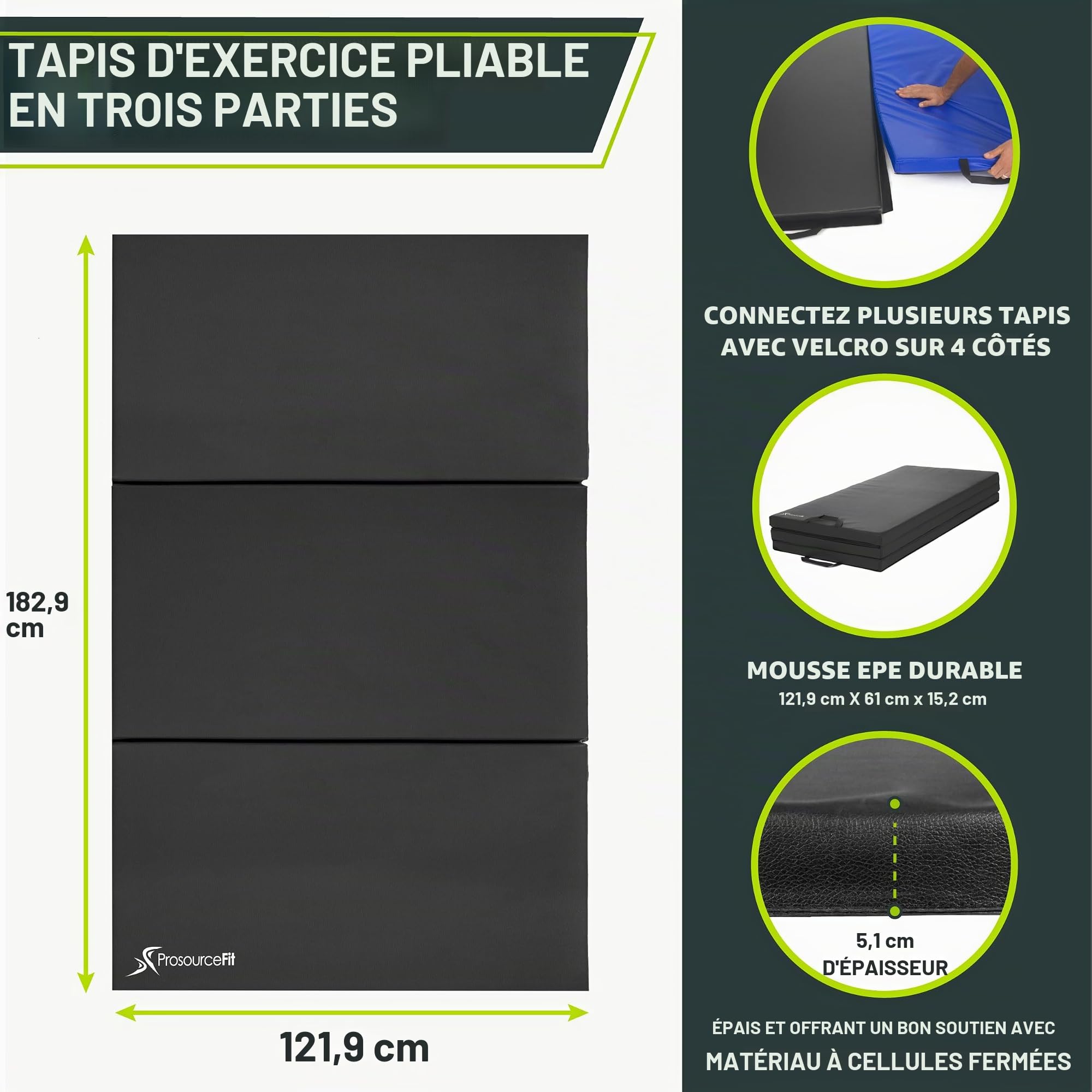 ProsourceFit Tri-Fold Folding Thick Exercise Mat 6’x4’ with Carrying Handles for Tumbling, Martial Arts, Gymnastics, Stretching, Core Workouts, Black