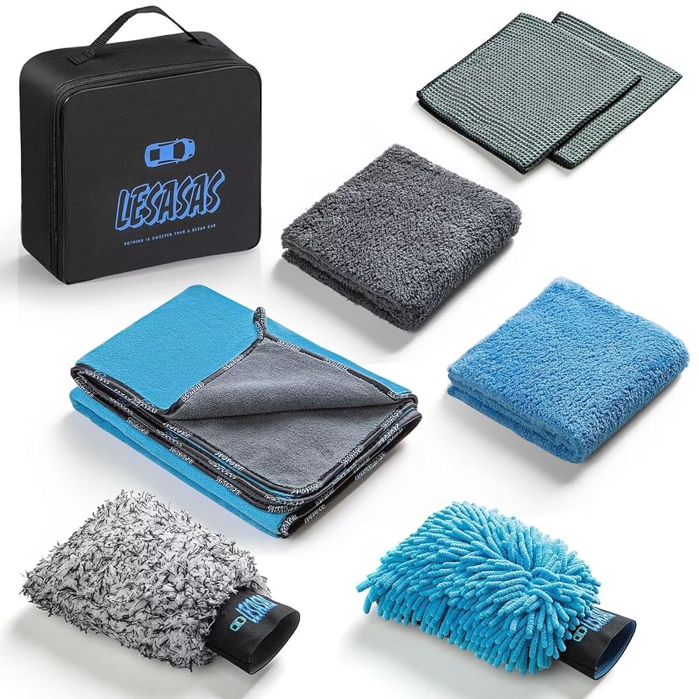lesasas 8 Pcs Professional Microfibre Car Cleaning Kit, Including Edgeless Microfibre Cloth, Car Drying Towel, Wash Mitt & Waffle Cloth, Exterior and Interior Cleaning Products for Cars
