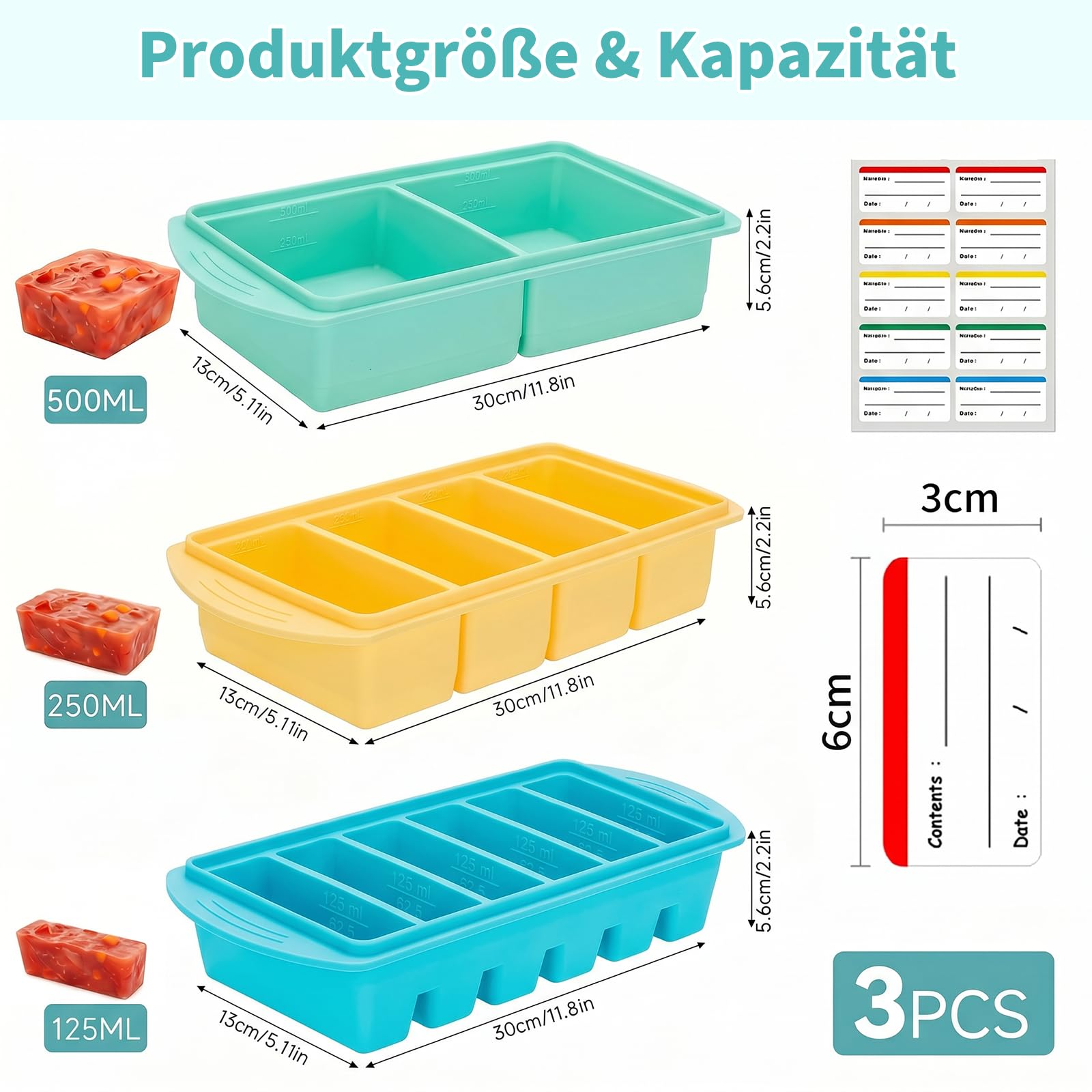 Juego de moldes de silicona con tapa, 3 unidades de 2/4/6 compartimentos con 10 pegatinas de colores, cuchara para sopa, salsas, caldo y preparación de alimentos, molde apilable para cubitos de hielo
