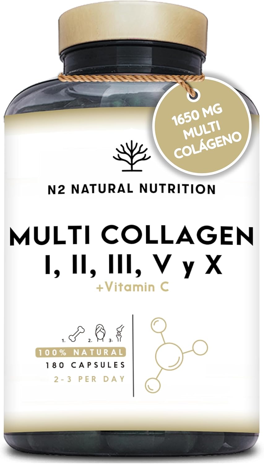 Multi Colágeno Hidrolizado Puro 1650mg + Vitamina C 53mg. Colágeno Tipo I, II, III, V y X. Favorece la Salud de Piel, Cabello, Huesos y Articulaciones. 180 capsulas. N2 Natural