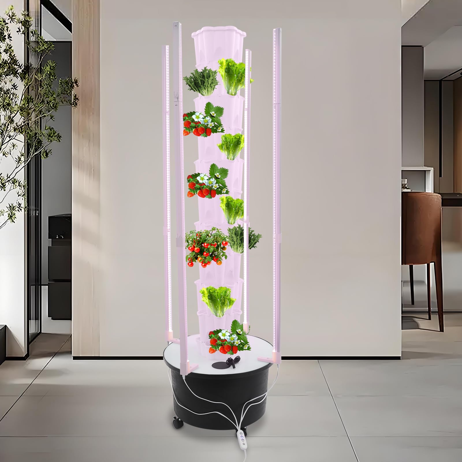 Tour hydroponique à 10 étages avec lumière LED et roues, système hydroponique de 60 plantes, kit de culture de jardin intérieur pour légumes, herbes, jardinage vertical économe en eau