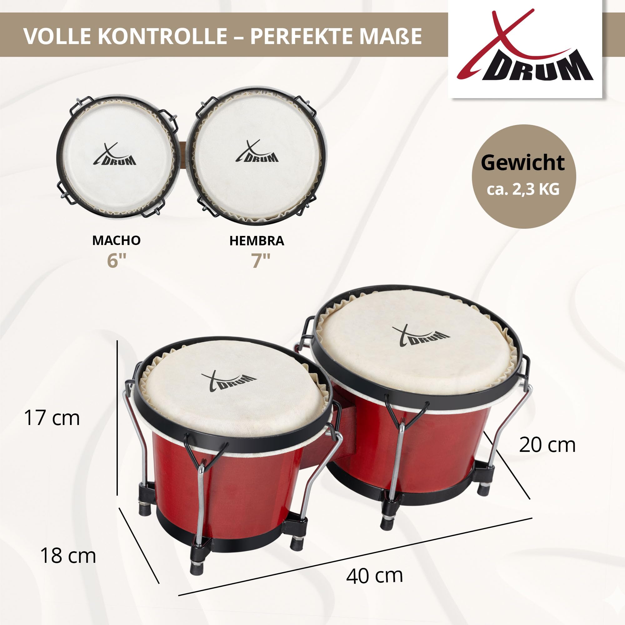 XDrum Bongos Club Rojo Vino SET incl. Bolsa para Bongos, Pieles naturales | 2 tambores ("macho" y "hembra"), Tamaños de bongos: 6" y 7", Madera: abedul, Herrajes cromados, Medidas (Al x An x Pr): 16