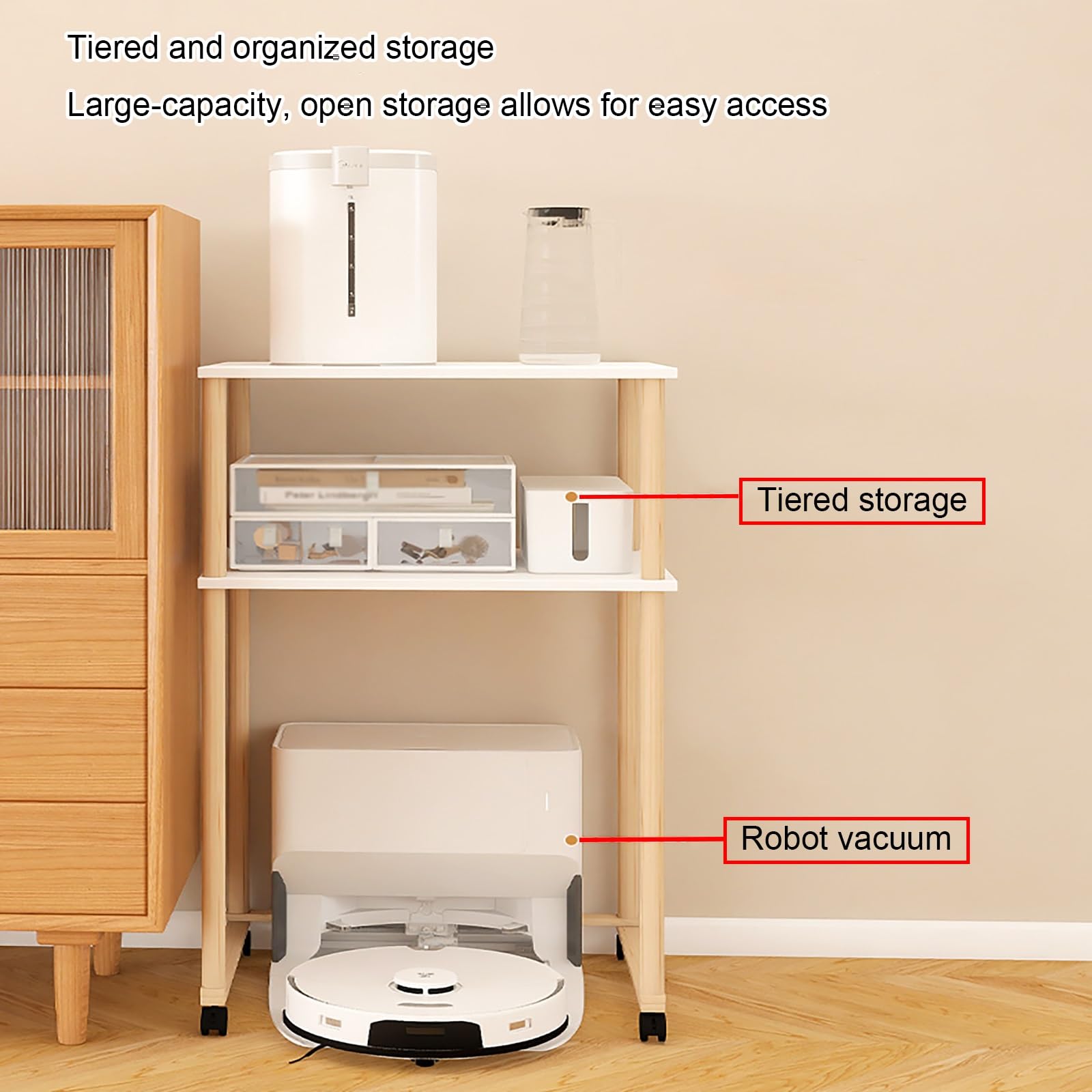Supporto Per Aspirapolvere Robot In Legno, Mobiletto Nascosto Per Robot Spazzatrici, Mobiletto Portaoggetti Con Base Aperta E Divisorio, Per Soggiorno, Cucina(69 * 115cm/27.2 * 45.3in)