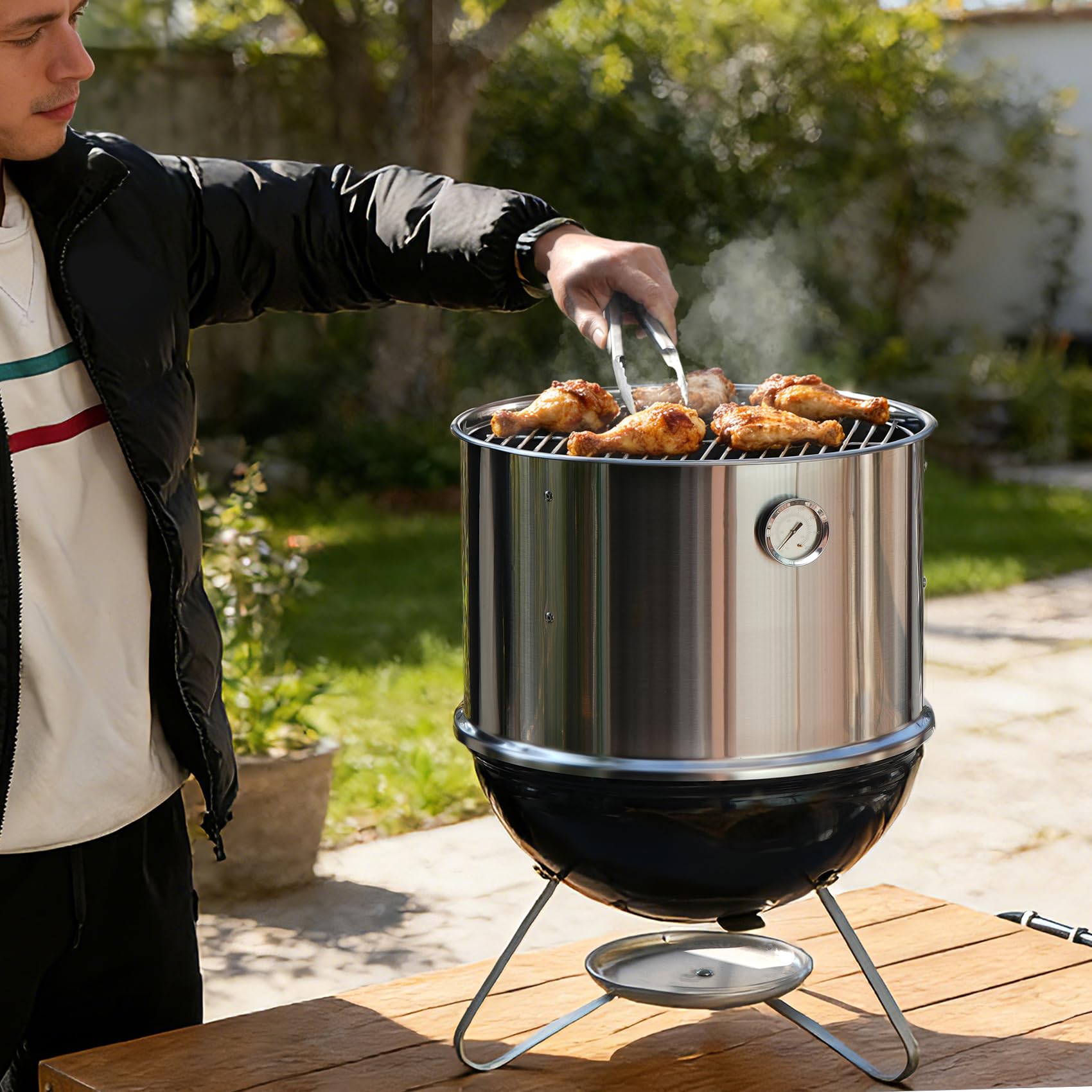 Onlyfire Edelstahl Räucherkammer für Weber Smokey Joe 37cm Holzkohlegrill mit Ring und Speckaufhänger Set