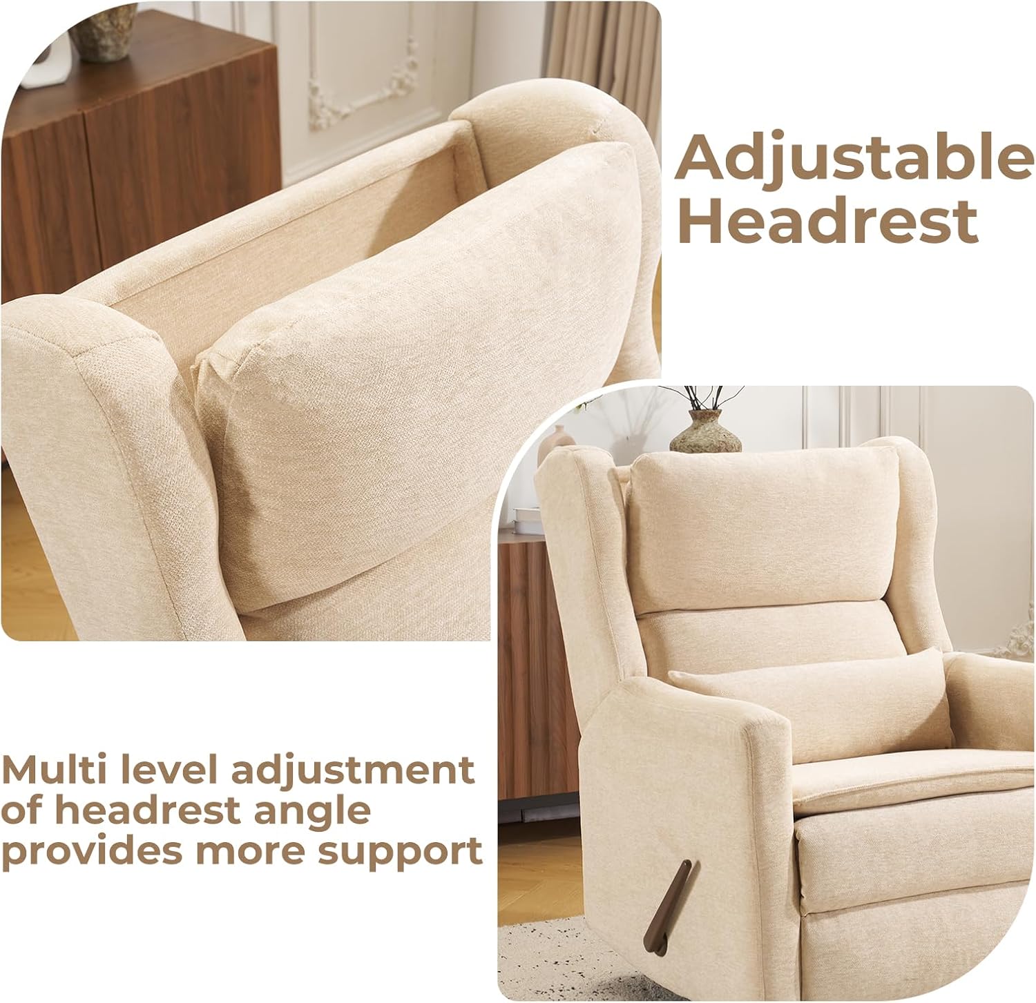 Nursery Rocking Chair with Lumbar Support,Swivel Rocker Recliner for Adults,Glider Rocking Chair with Adjustable Headrest,Manual Recliner Chair with Double Cushion,Chenille,Beige