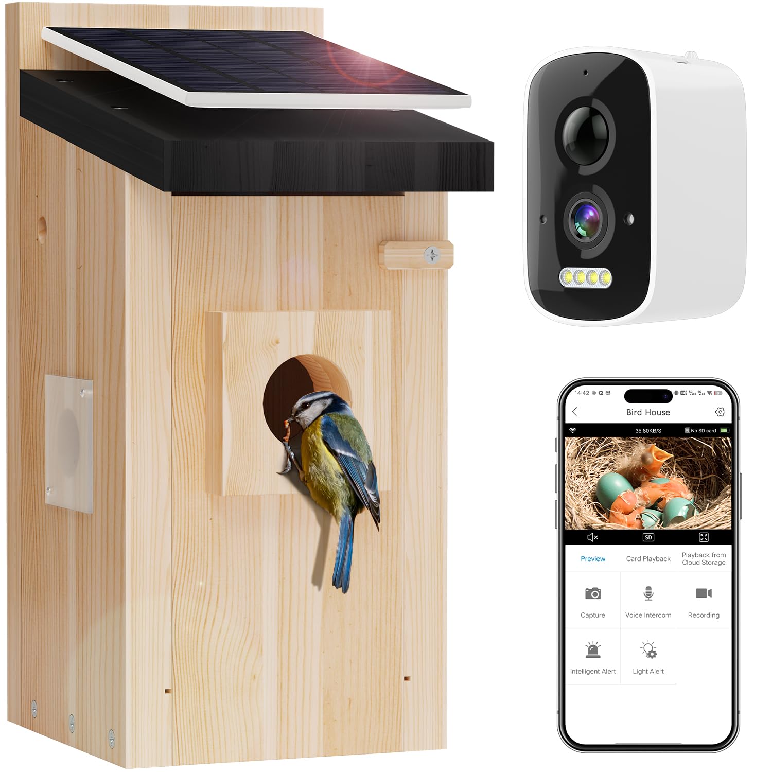 Smart Bird House with Camera, 5MP HD Wireless Outdoor Birdhouse with Solar Panel, 2.4GHz WiFi Bird Box with Night Vision, Motion Detection & App Control, Gift for Bird Lovers