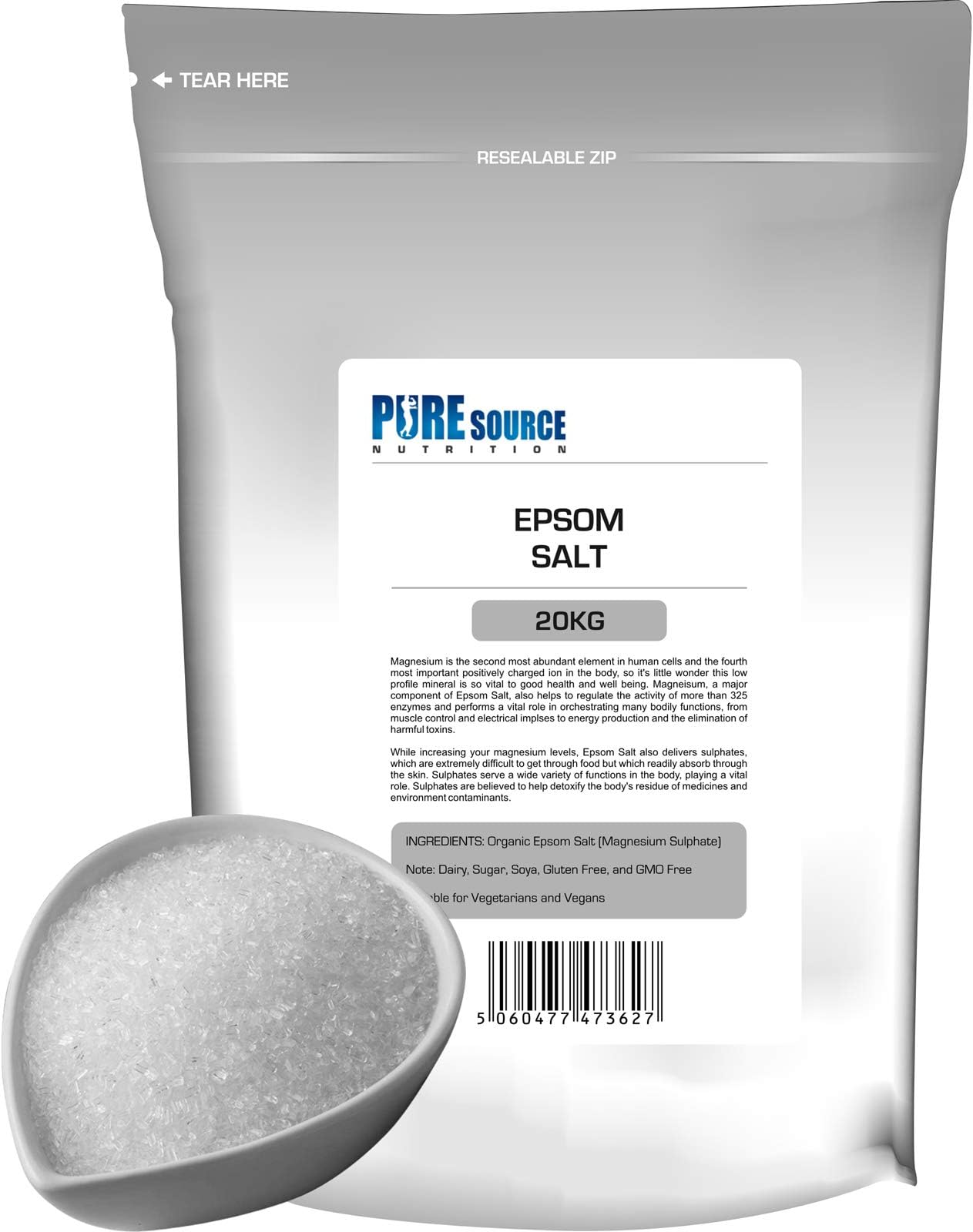 Organic Epsom Salt Vegan Epsom Salts for Bath Bathing Bath Bombs | 100% Pharmaceutical | FCC Food Grade | Natural Magnesium Sulphate by Pure Source Nutrition (20kg)