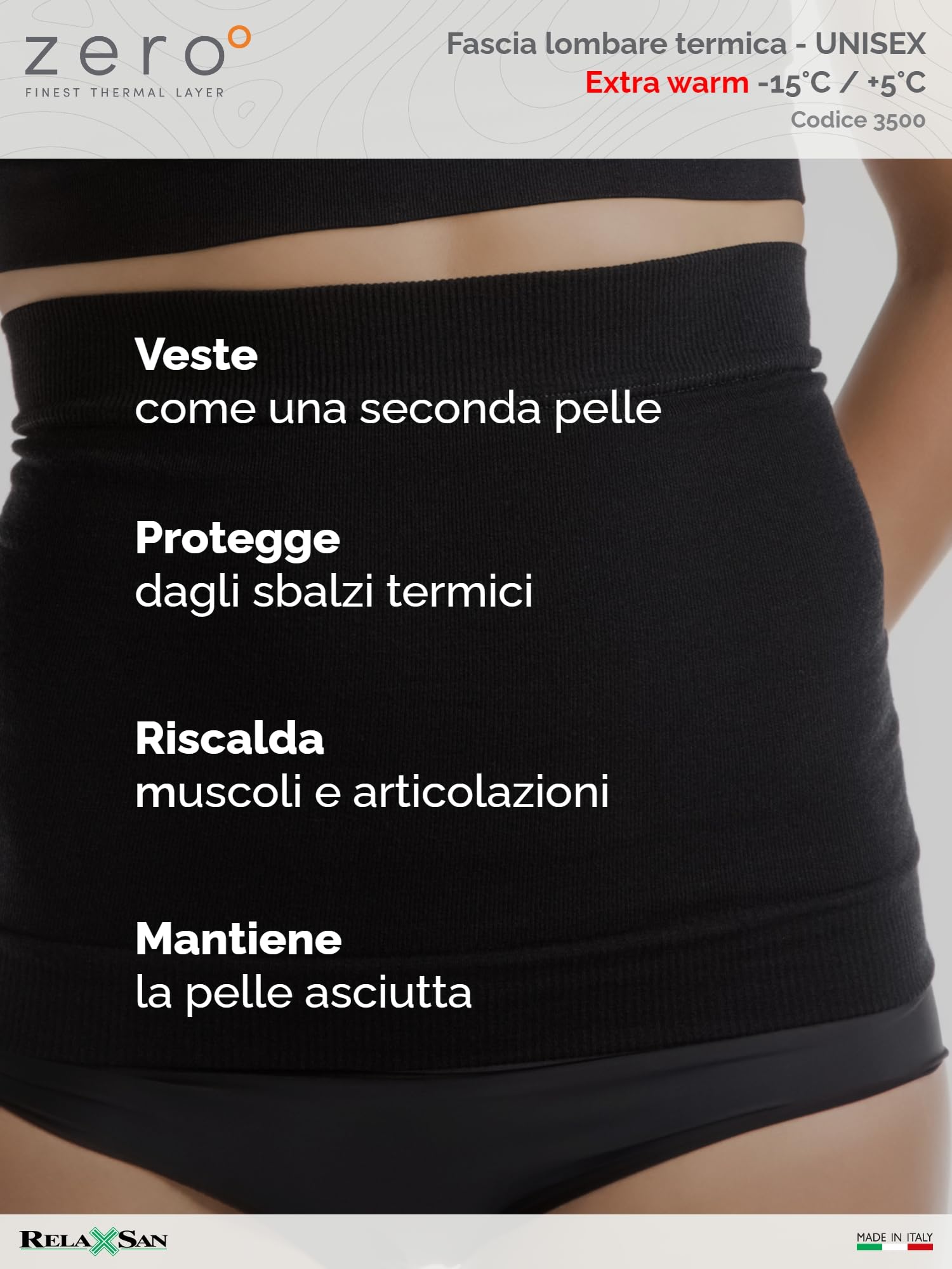 Relaxsan Zero Fascia Lombare Riscaldante con Lana Merino, Made in Italy, cod. 3500 (Nero, L)