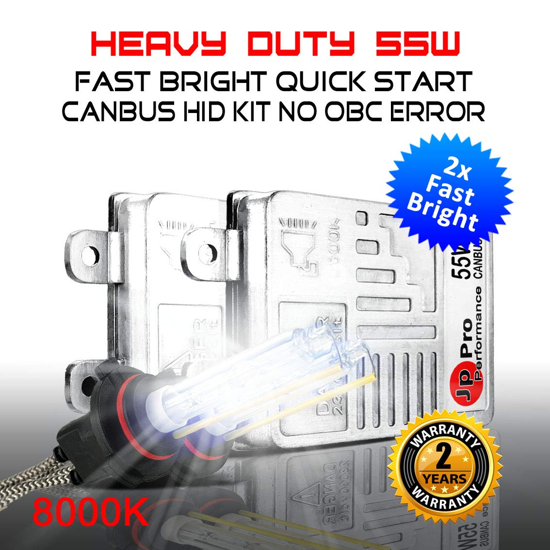 12V 55W H8 H9 H11 H16 8000K Heavy Duty AC HID Xenon Bulbs Bundle with AC Digital CANBUS Slim Ballasts No OBC Error for 12V Vehicles (Iceberg)