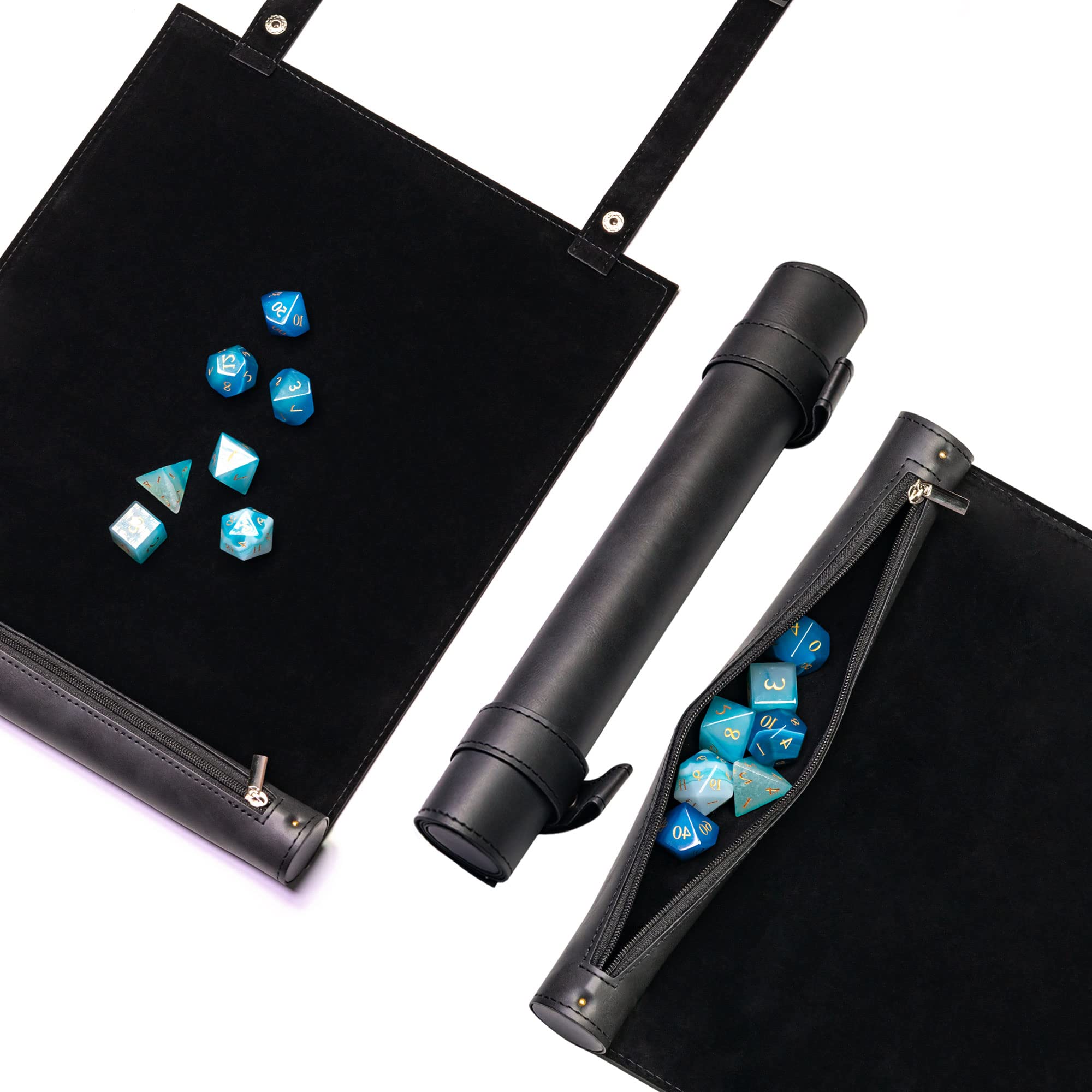 Cusdie 2 in 1 Rolling Mat & Zippered Dice Holder Dice Tray- Compatible with DND Polyhedral Dice Dungeons and Dragon (Black)