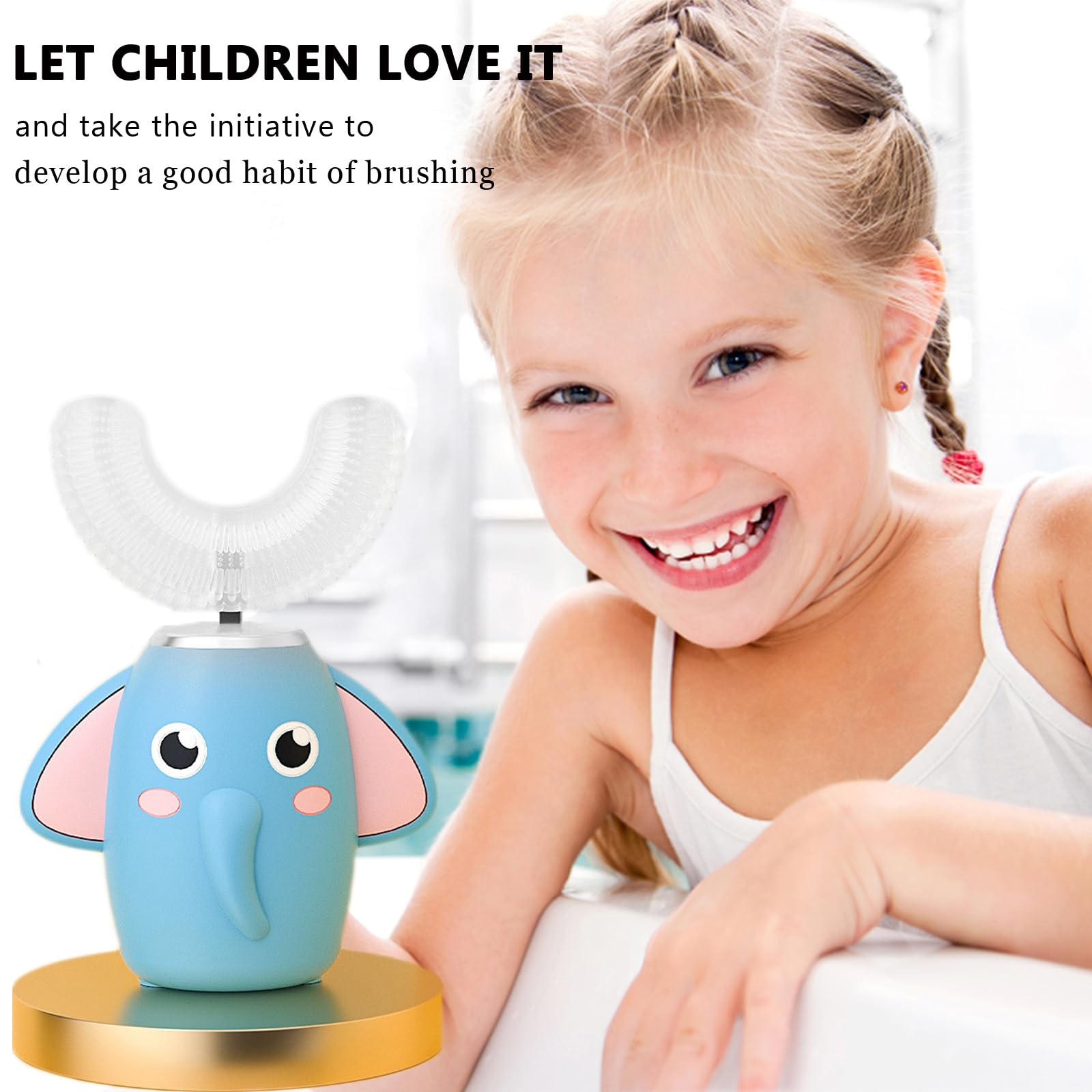 SNOWROSE Spazzolino elettrico per bambini a forma di U ad ultrasuoni IPX7, design impermeabile con 2 testine 3 modalità, pulizia completa a 360°, spazzolino automatico per bambini da 2 a 12 anni (blu