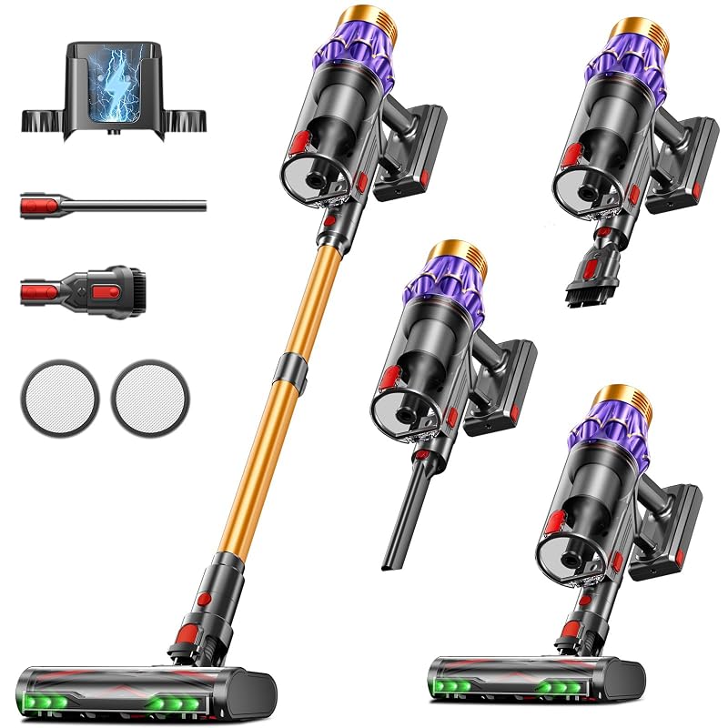 Cordless Vacuum Cleaner, 650W/60KPA/70 Mins Vacuum Cleaners for Home with Self-Standing, Anti-Tangle Vacuum Cordless, Smart Display and 1.8L Cup Cordless Stick Vacuum Cleaner for Pet Hair/Carpets Gold