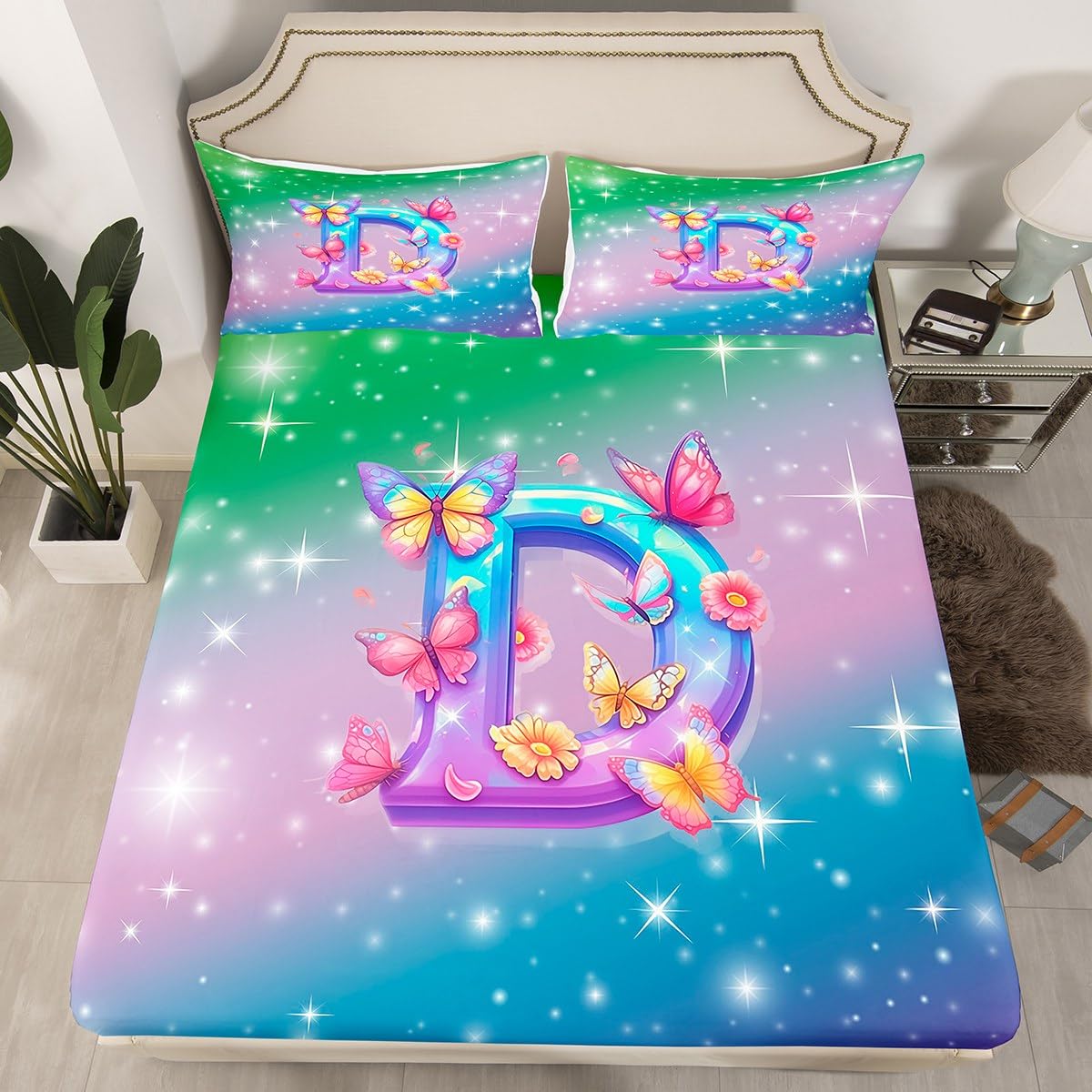 Personalized Letter D Fitted Sheet Queen,Girls Woman Butterfly Bed Sheet 3 Pieces(No Flat Sheet),Galaxy Starry Sky Bedding Set for Kids Adults,Rainbow Gradient Deep Pocket Sheett Room Decor