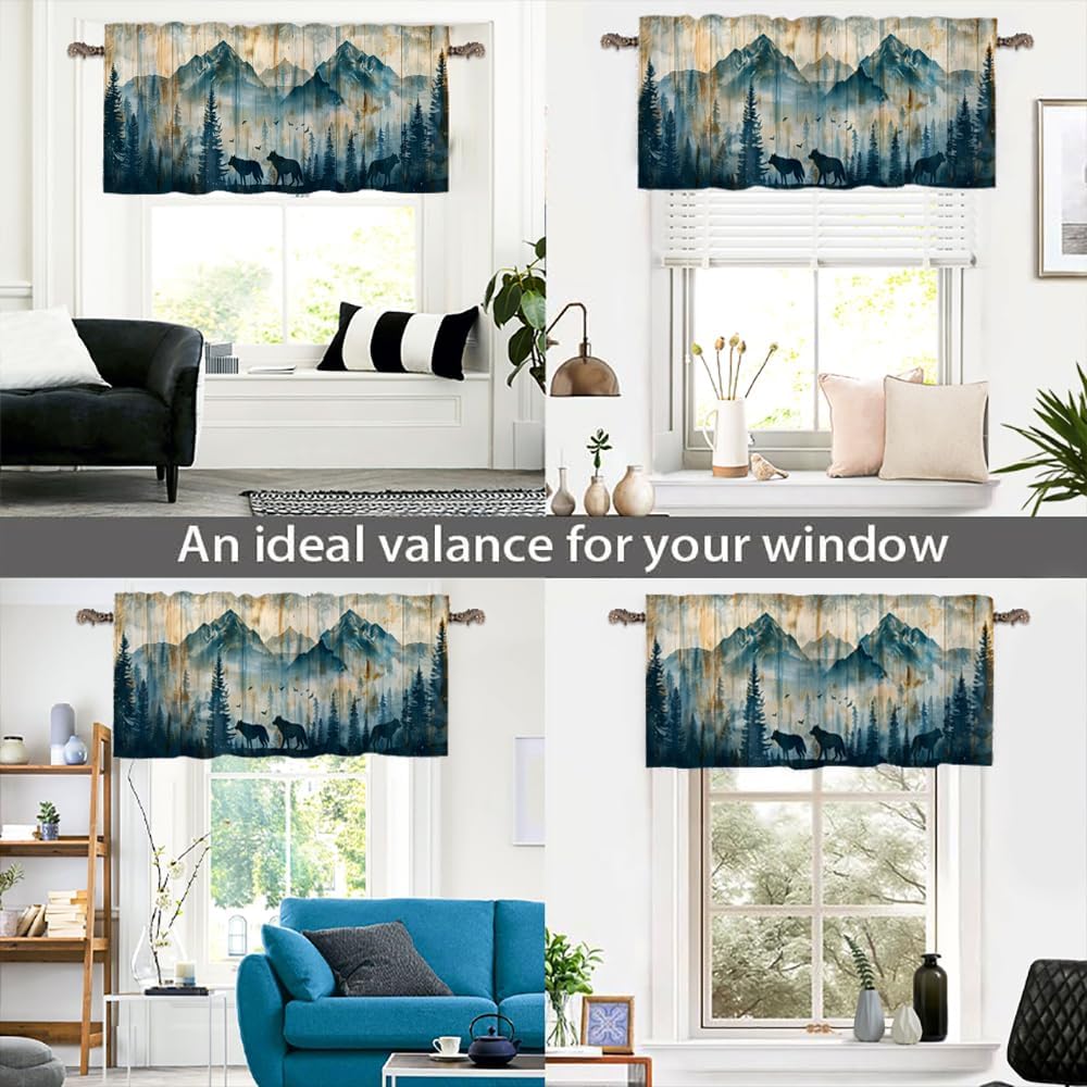 1 Panel Rustic Mountain Forest Valance for Windows, Pine Tree Bird Wolf Animal Rod Pocket Valance Curtains Home Decor Window Treatment for Kitchen/Living Room, 54" X 18"