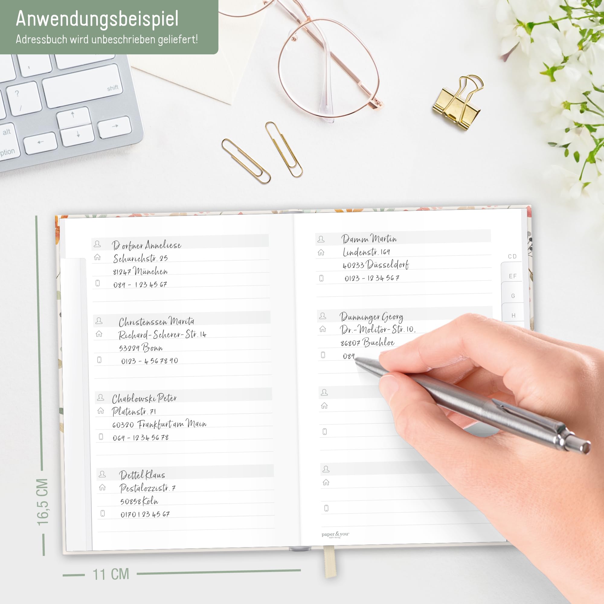 Paper&you Carnet d'adresses A6+ avec onglet A-Z et papier premium 120 g/m² Wild Blossoms - durable & respectueux au climat