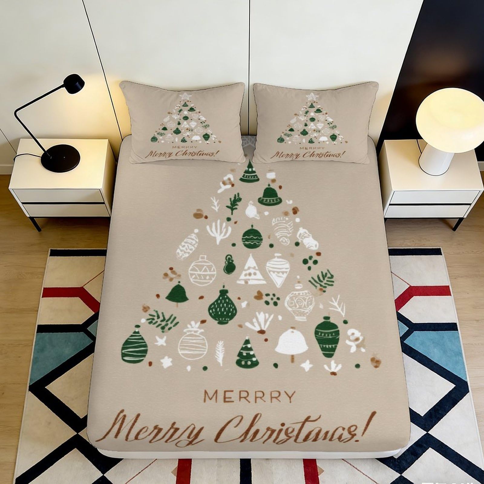 Uxinyoume Style-5 3D Printed Christmas Tree Fitted Sheet Microfiber Beige Bed Cover With Green Ornaments For Bedroom Guest Room Easy Care 90X200x25cm
