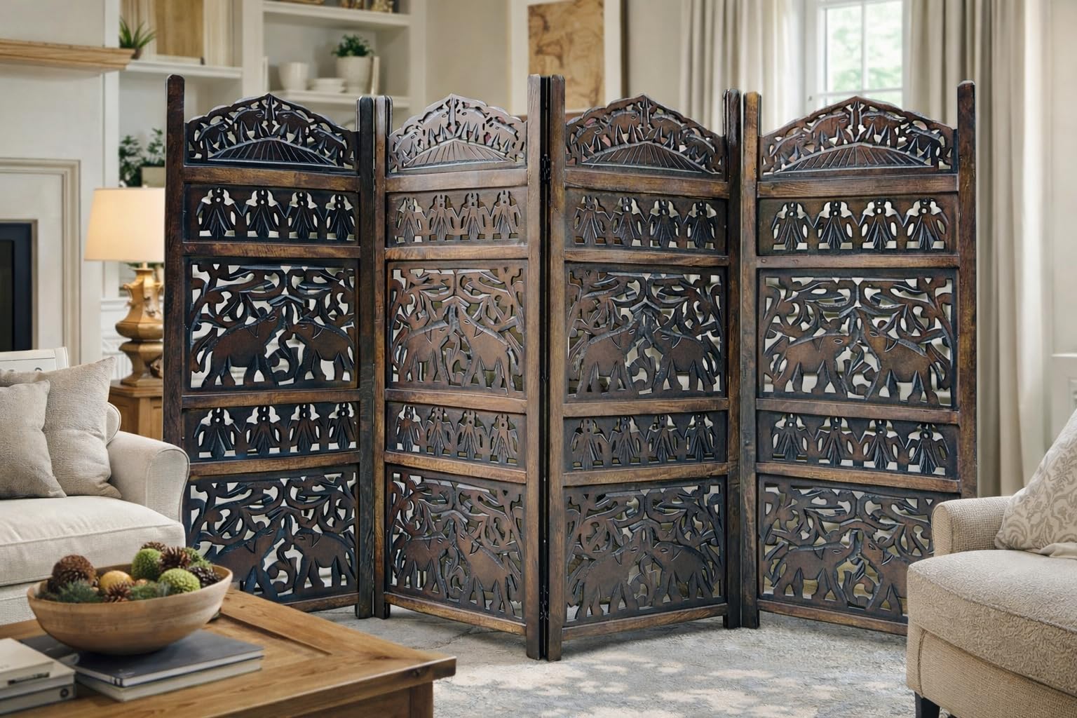 Home & Goods International Wooden Room Divider Partition - Foldable Wood Screen Separator for Living Room, Bedroom, Office, Restaurant || Elephant Design, 4 Feet 4 Panel (Brown)