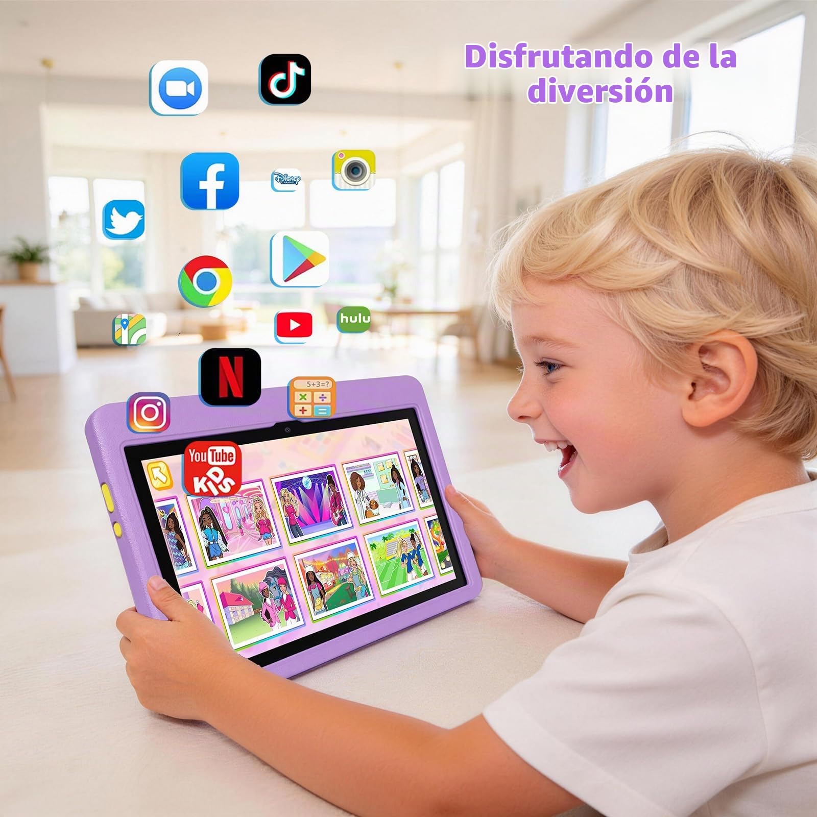 Tablet para Niños 10 Pulgadas, Tablet Infantil Android 16 Cinco Núcleos, 24GB RAM 128GB ROM, Pantalla IPS HD 1280×800, Batería 6000mAh, Control Parental, WiFi 6 Bluetooth (Morado)