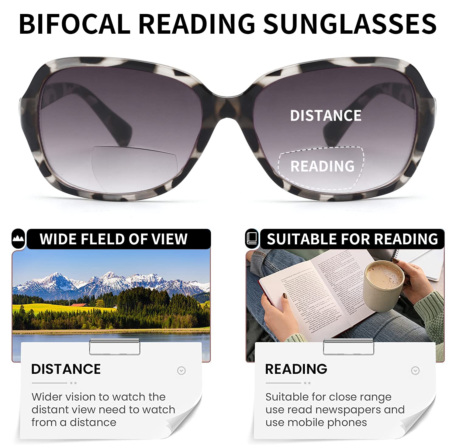JM Bifocal Reading Sunglasses for Women Vintage Reader Glasses UV Protection Outdoor Grey Tortoise +1.75, Grey Tortoise(200836) - Image 3