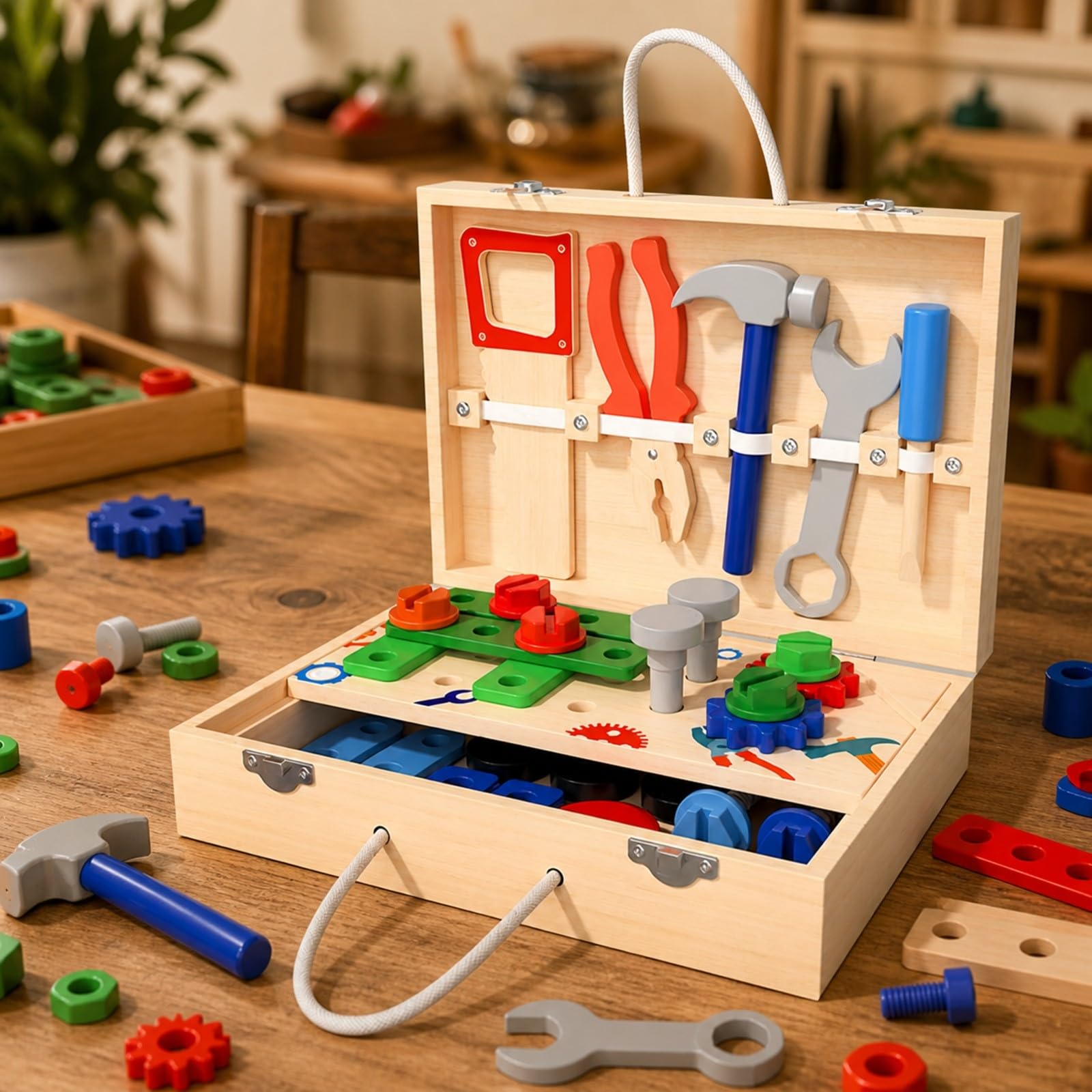 Set di Attrezzi in Legno Multifunzionale | Portatile, Valigetta Attrezzi per Bambini, Richiudibile, Banco Lavoro Giocattolo,